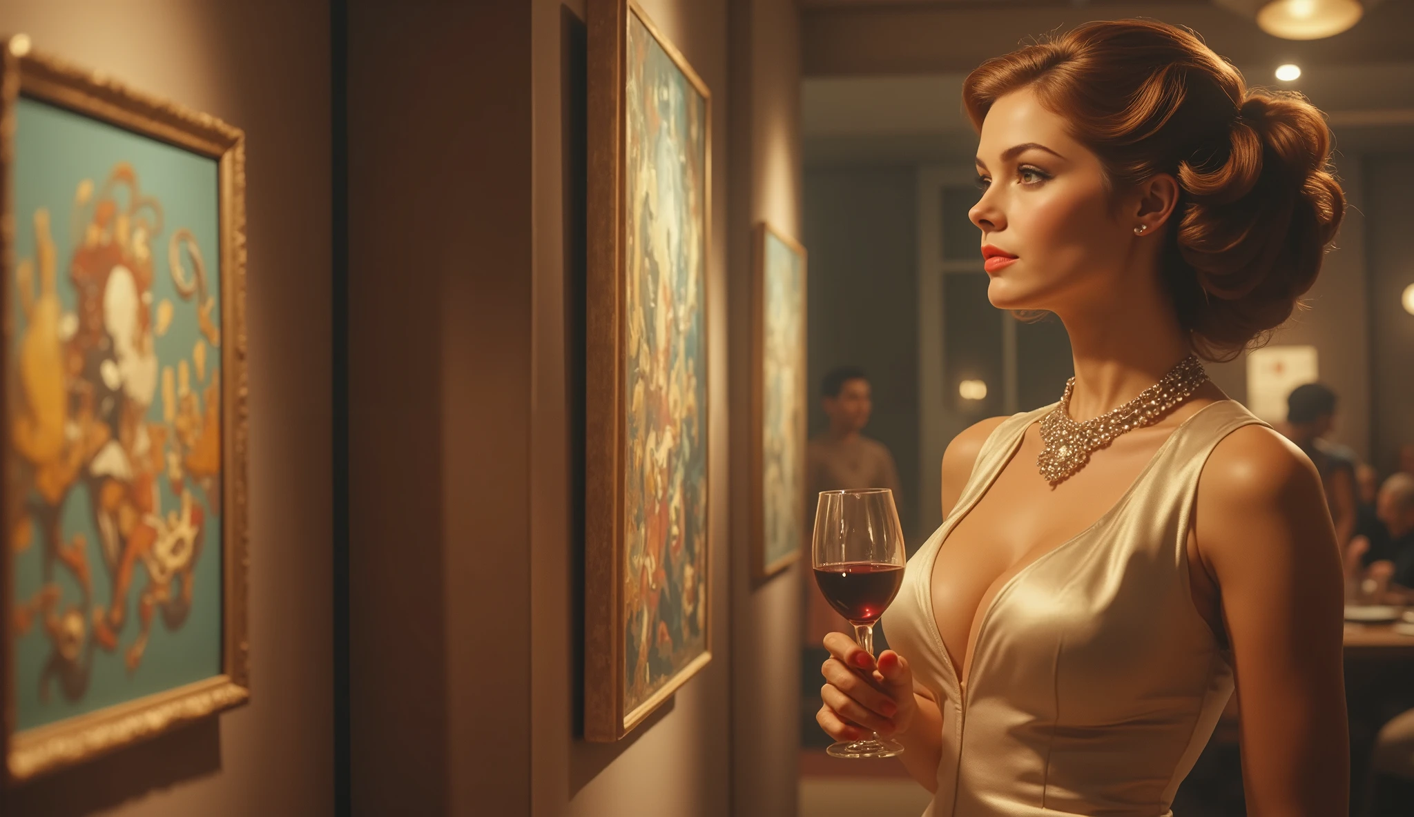 ((a happy girl (stand:1.2) ((alone:2)))),((full-body:1.8, cinematic-shot)),(best quality,4k,8k,highres,masterpiece:1.2),ultra-detailed,(realistic,photorealistic,photo-realistic:1.37),(beautiful and aesthetic:1.2),(film grain:1.3). 

[(1girl),(solo),((1 person)),(17years-old:1.4),[Raiana-Elizabeth-Dilla],pearl skin,(skin pores:1.1),beautiful detailed eyes,beautiful detailed lips,extremely detailed eyes,longeyelashes,extremely detailed face and skin texture,(skin texture:1.1),black hair,tall and slender body,(192cm tall),thin and delicate figure,graceful posture,defined abs,perfect curves,feminine appearance,((beautiful long legs:1.2)),embodying elegance and beauty,(cleavage breasts),((large breasts:1.6)),(shiny skin),((sharp focus:1.5)),clear eyes]. 

[(wearing a sexy ((red) tops:1.4) with ((red) ultra-short miniskirt:1.5)), extremely detailed and realistic (red) clothes, (earringeathers:1.5), (necklace:1.5), (business fashion style:1.4), (looking at viewer:1.8),delicate attitude, fun gaze, joyful expression, sensual poses, (full smile), tattoos].

[aesthetic whiskey bar,wooden bar counter,dark oak liquor cabinets,ornate glassware,exquisite whiskey bottles,reflected soft lighting,decorative mirrors,velvet armchairs,vintage cigar smoke,golden bar tools,gentle jazz music,cosy ambience,vibrant conversation,subtle aroma of aged whisky,craftsmanship,refined elegance,premium liquor selection,dimly lit ambiance,fine art paintings,hazy warm glow,expensive crystal decanters,smoky whisky aroma,rich mahogany finishes].

Official art,extremely detailed,(blurred background:1.5), naturallighting, vibrant colors,Angelic ethereal beauty,award-winning photography,professional photography,depth-of-field,bokeh.