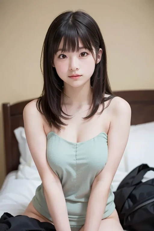 masutepiece, Best Quality, One girl, (Beautiful Girl:1.3), (16 years old:1.2), Very fine eye definition, (Symmetrical eyes:1.3), NSFW, (Put out naked, Cute sleeveless:1.3), Beautiful breasts, Brown eyes, Parted bangs, Brown hair, Upper teeth