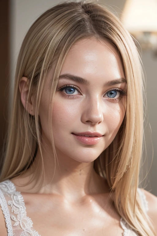 ((Best Quality, 8K, Masterpiece: 1.3)), blonde girl with highlights, sexy white girl, 21 years old, in a bedroom, on a bed, cute model, (Sharp: 1.2, Perfect Body Beauty: 1.4), Highly detailed face and skin texture, detailed eyes, side face looking at the camera