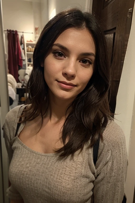 a mother in mid 30's with short dark brown hair and brown eyes, young looking, wearing a hair clip. accurate proportions.