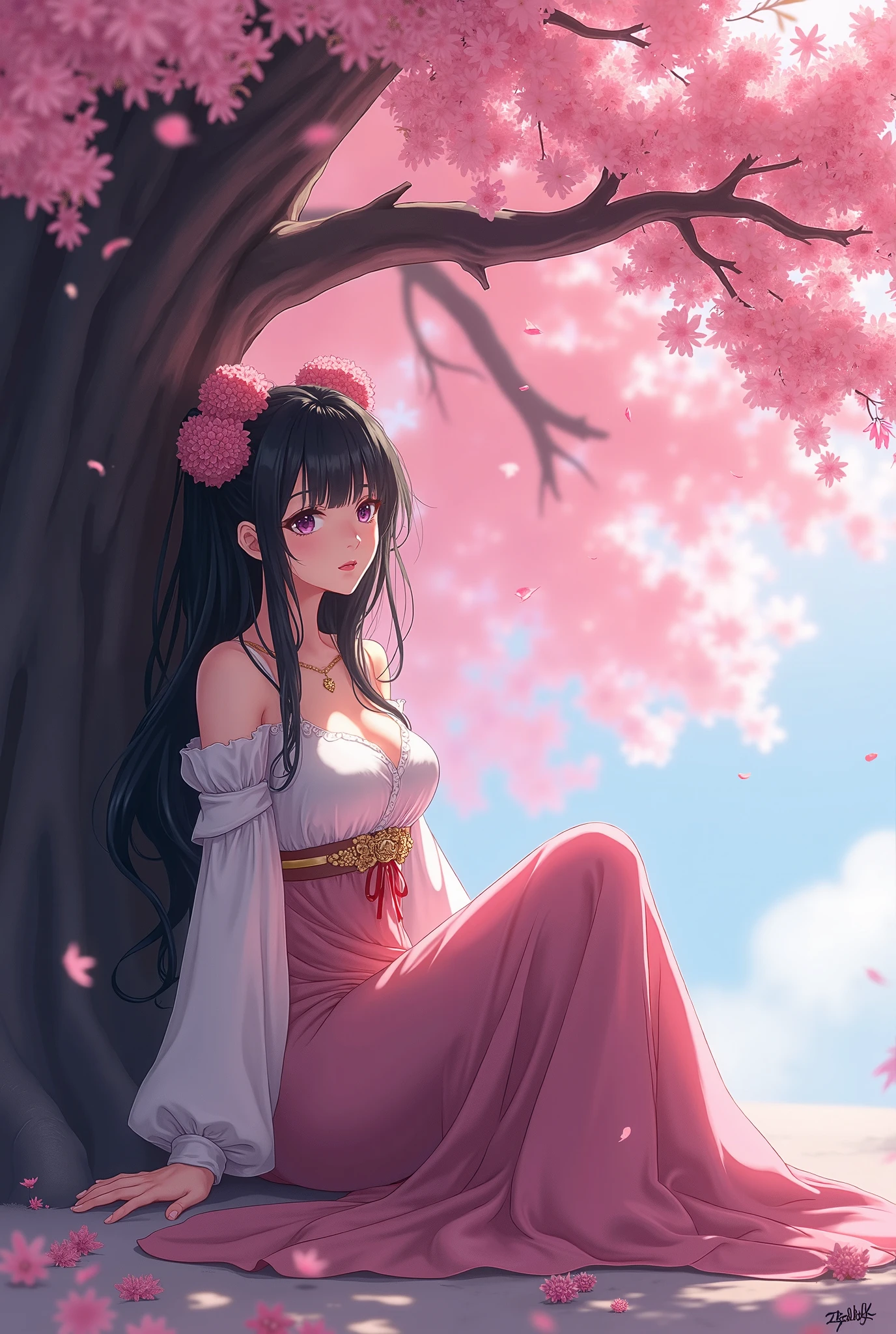 "((fantasy art)) featuring an alien girl, immersed in a heavenly symphony, clouds turn into bright splashes, flowers are scattered, like notes in the wind, visual orchestration of color and wonder"masterpiece, a high resolution, Best quality, 1 girl solo, , sitting, over a huge sakura , sakura on fire with lightning