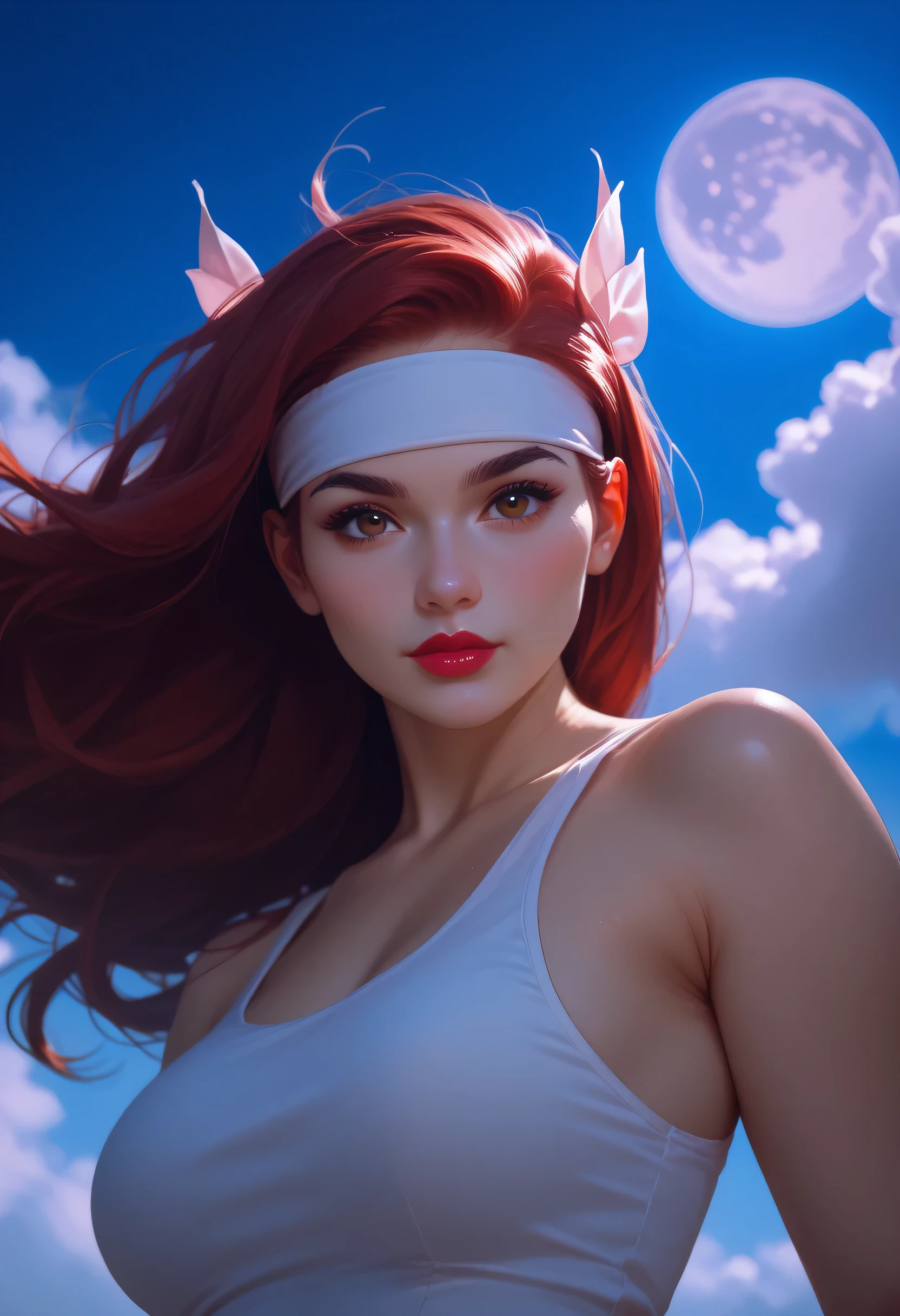 (moon, cloud sky), perfect face, long hair, black straight hair, headband, white headband, black natural eyebrows, big brown eyes, black eyeliners, pink blush, nose, bright red thick lipstick, closed mouth, beautiful girl, medium breasts, white tank top, looking at viewer