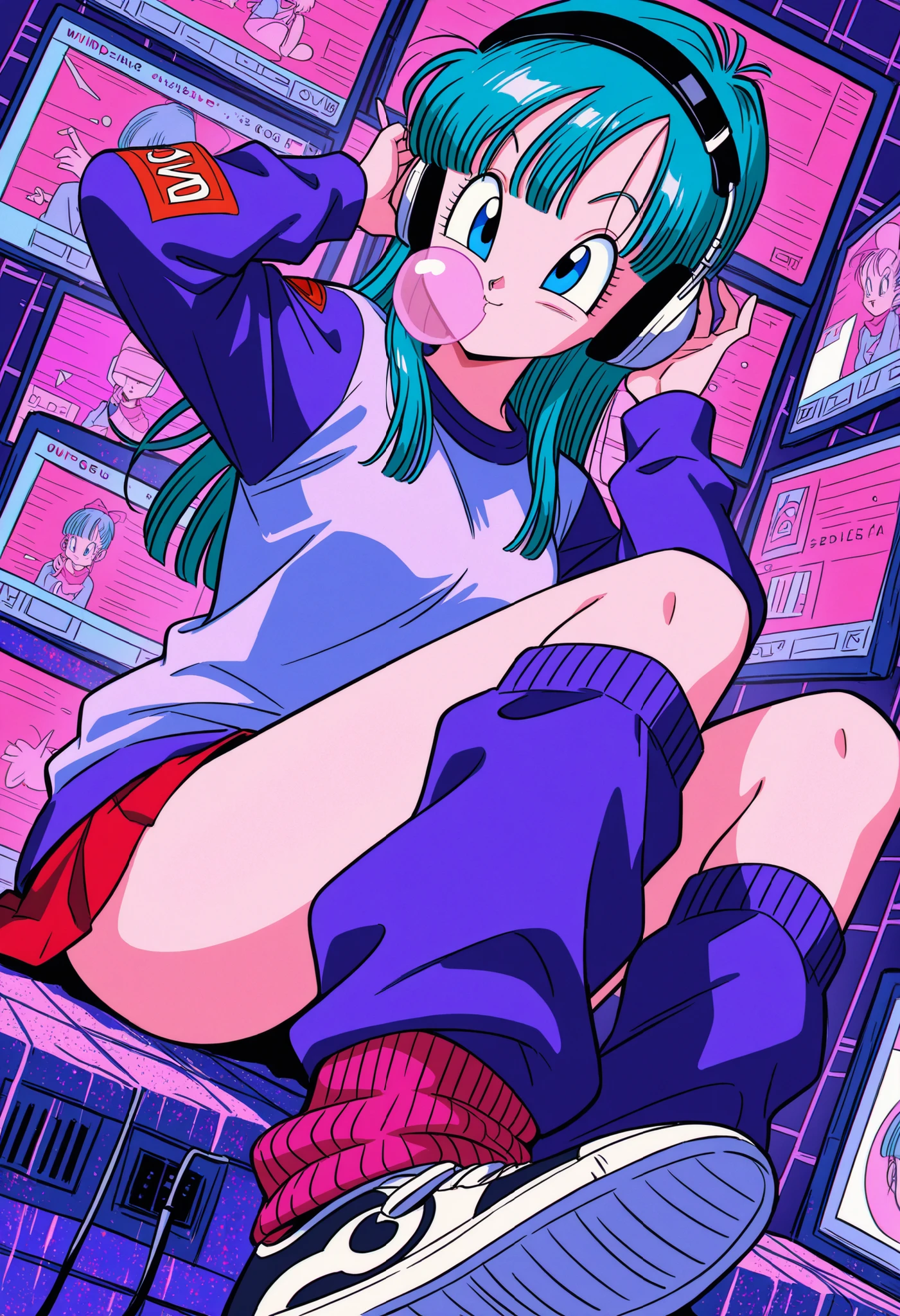 masterpiece, best quality, amazing quality, Collage-Style, bulma, happy, collage, retro, dragon ball, sneakers, bubblegum, vhs tape, static, leg warmers, solo, cool pose, sketchy lines, Static TV Noise, chewing gum, retro walkman, headphones, stylish, sitting, dutch angle, vaporwave, windows xp, grid, perfect anatomy,