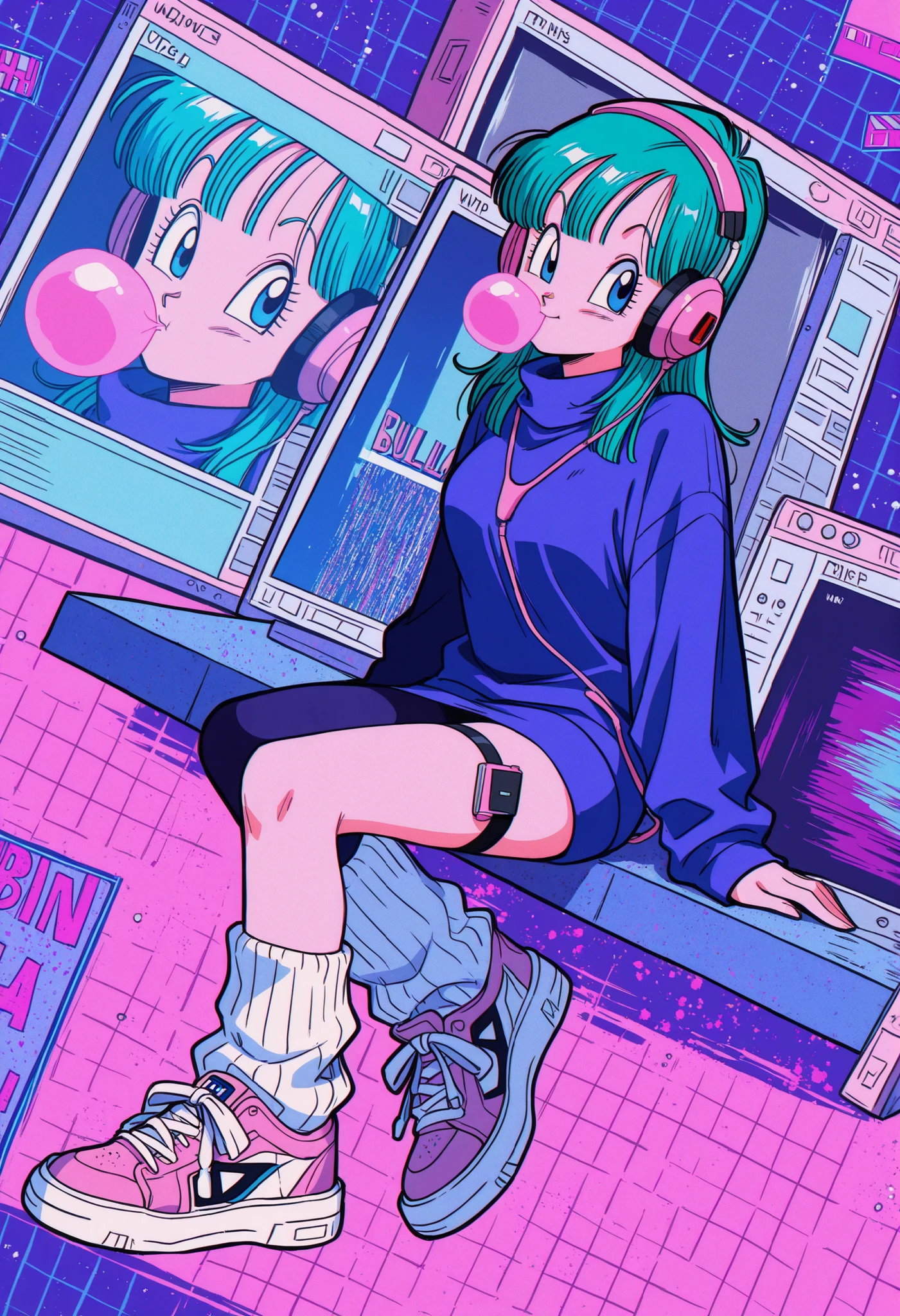 masterpiece, best quality, amazing quality, Collage-Style, bulma, happy, collage, retro, dragon ball, sneakers, bubblegum, vhs tape, static, leg warmers, solo, cool pose, sketchy lines, Static TV Noise, chewing gum, retro walkman, headphones, stylish, sitting, dutch angle, vaporwave, windows xp, grid, perfect anatomy,