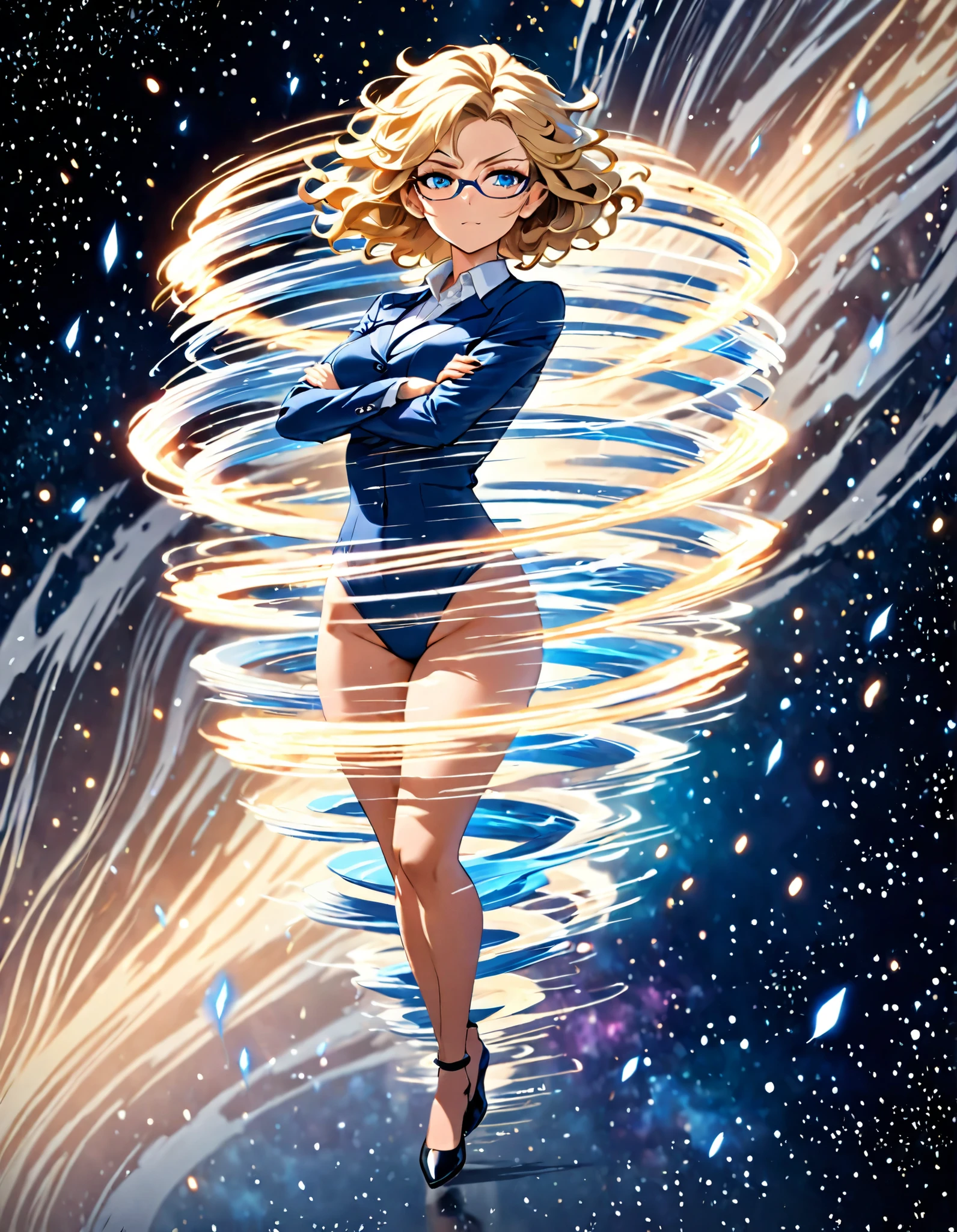 (masterpiece), (best quality), (high res), 1girl, medium breasts, ((leotard, light blue leotard)), dark blue suit jacket, open jacket, white shirt, bare legs, glasses, shoes, solo, single, rear view, full body shot, cowboy shot, superhero, beautiful detailed eyes, beautiful detailed face, blonde hair, (short hair), wavy hair, mature lady, teacher, perfect body, space backdrop, (fast spin, dynamic spin pose, spins fast in place like a tornado, whirls fast in place like a tornado, tornado whirling, spiral lines around her, speed lines around her, spinning energy pulse around her, storm winds around her, whirls into a tornado, (she whirls) at (super speeds)). full body costume design. curved sword slash. she super-spins, whirlwind, light particles.