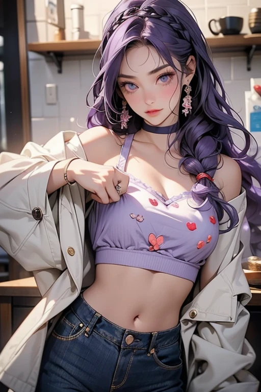 Beautiful girl , long purple hair, slim fit body , tank top mini skirt, slim waist, rosy lips ,
,cap