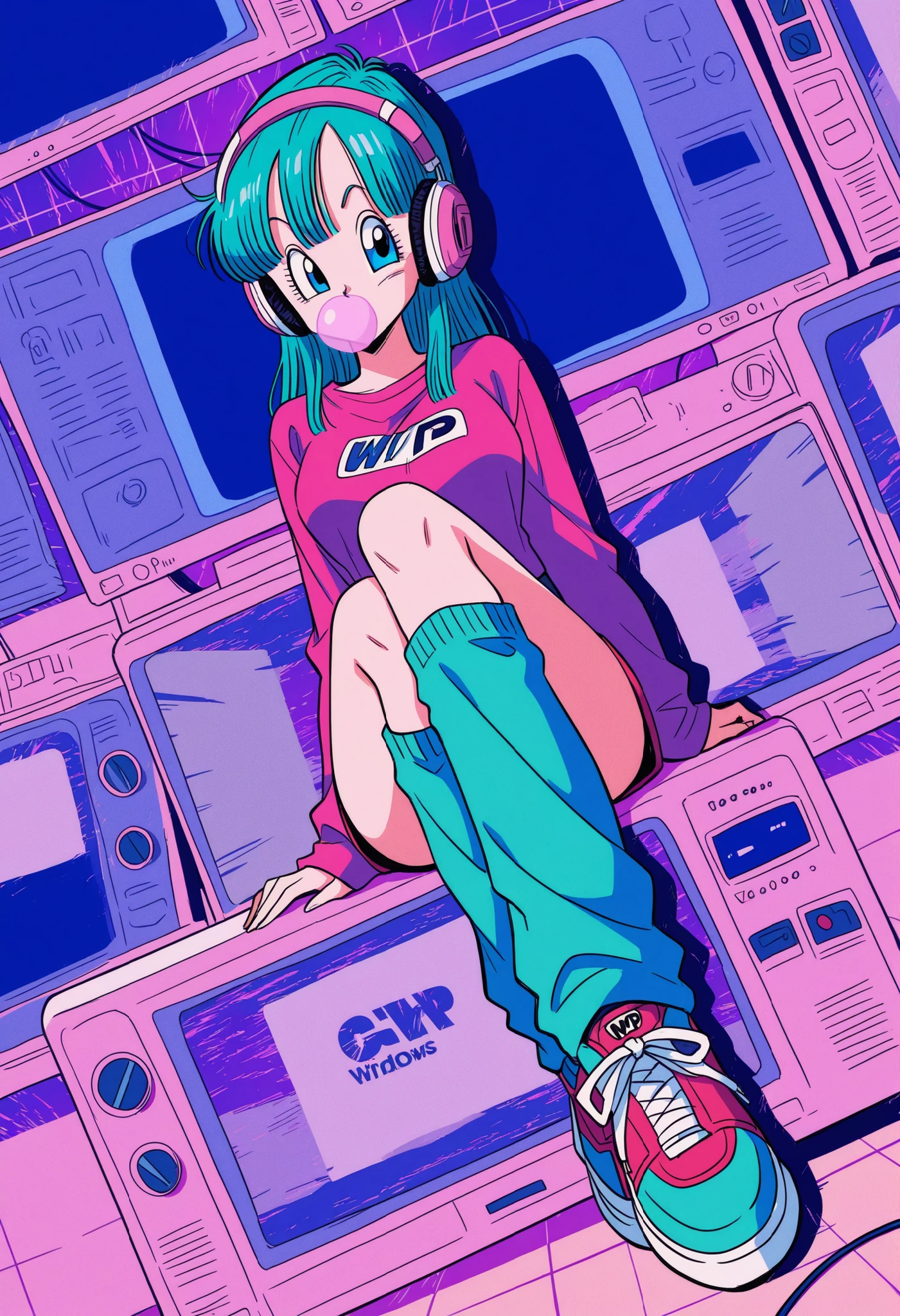 masterpiece, best quality, amazing quality, Collage-Style, bulma, happy, collage, retro, dragon ball, sneakers, bubblegum, vhs tape, static, leg warmers, solo, cool pose, sketchy lines, Static TV Noise, chewing gum, retro walkman, headphones, stylish, sitting, dutch angle, vaporwave, windows xp, grid, perfect anatomy,