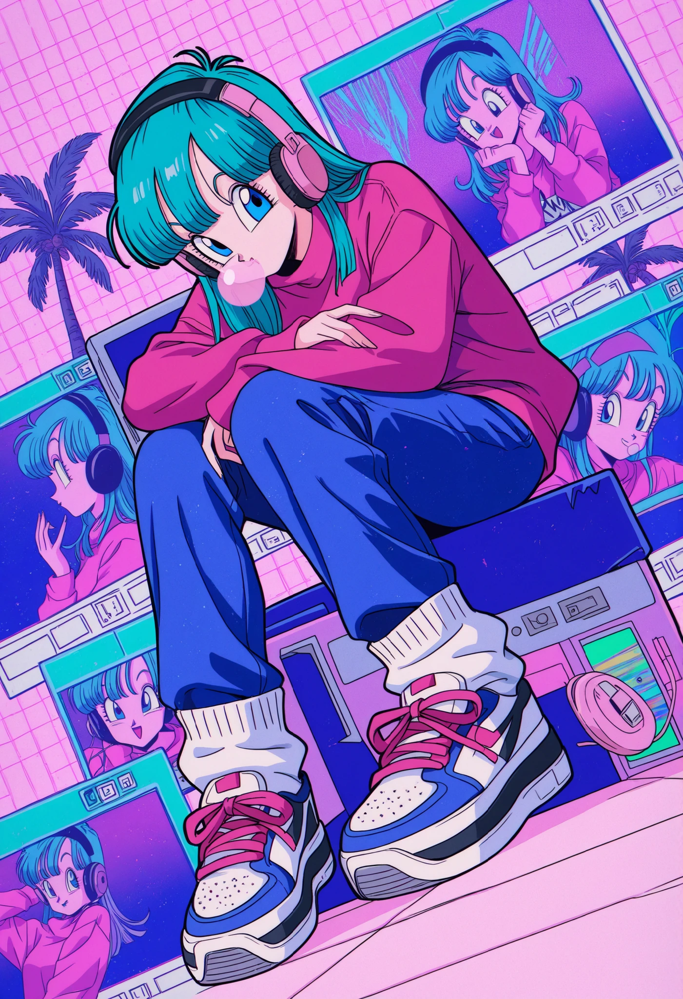 masterpiece, best quality, amazing quality, Collage-Style, bulma, happy, collage, retro, dragon ball, sneakers, bubblegum, vhs tape, static, leg warmers, solo, cool pose, sketchy lines, Static TV Noise, chewing gum, retro walkman, headphones, stylish, sitting, dutch angle, ((vaporwave)), windows xp, grid, perfect anatomy, palm trees,