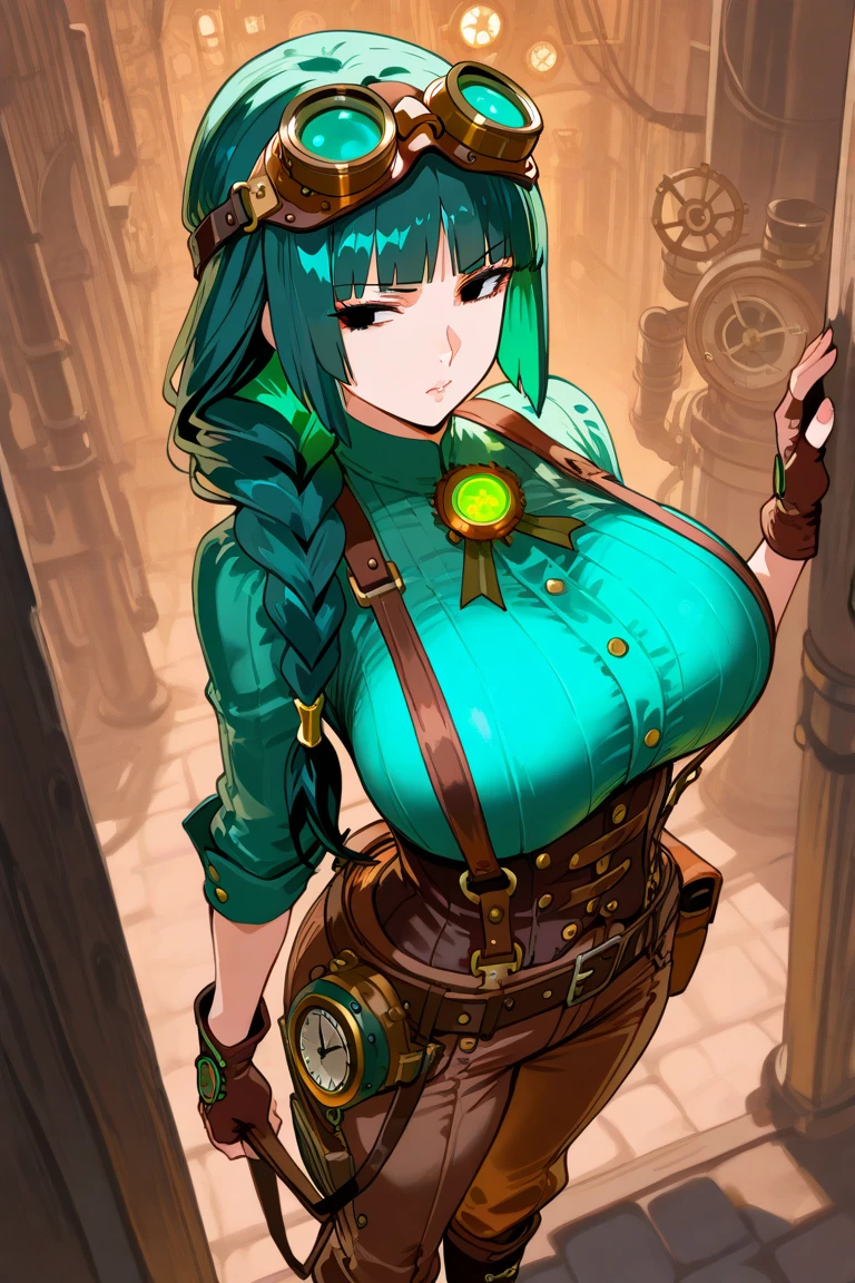 Dirty female elf mechanic, In a complex mechanical room，Exquisite hands，，finely quality eyes，1girll, (Solo:1.5), Full body shot,, Wear only one overalls,, Blue eyes ,Slim figure，Large breasts, Glasses, Hair combed into a messy bun，Golden hair，slimfigure，rimless eyewears，Covered in oil，Dimly lit room。