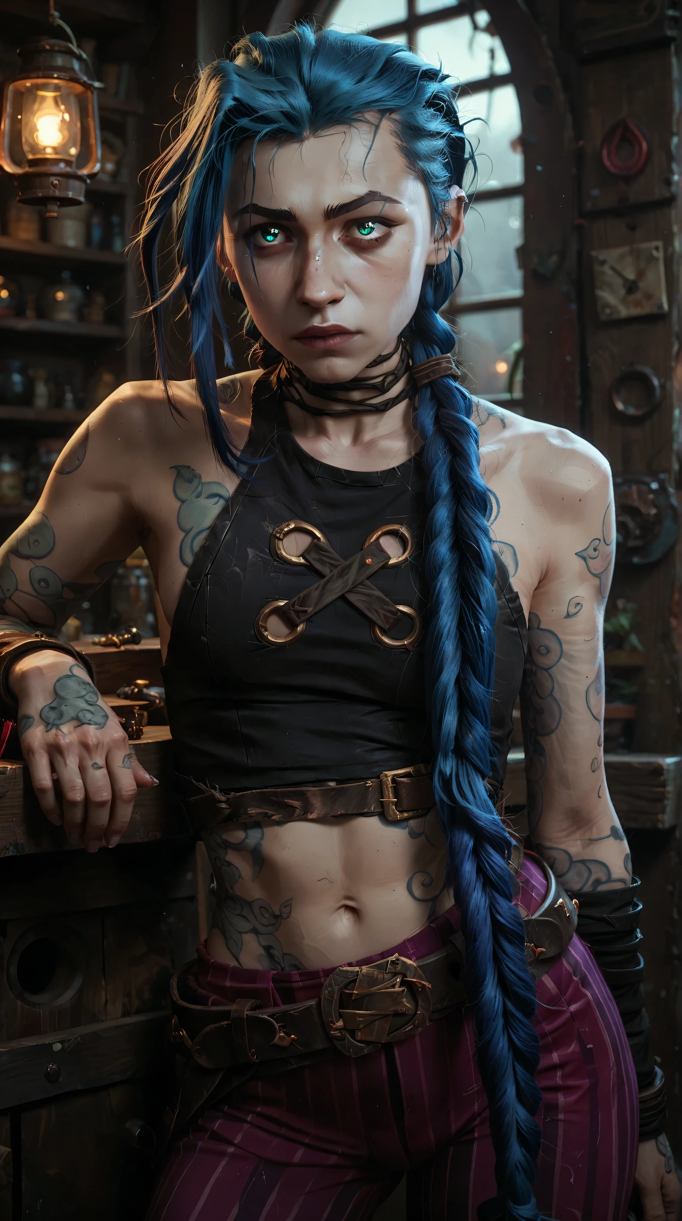 score_9, score_8_up, score_7_up,score_9, score_8_up, score_7_up, 1girl, j1nx, blue hair, pale skin, chocker, crop top, blue eyes, long blue pigtails, tattoo, purple striped pants, belt