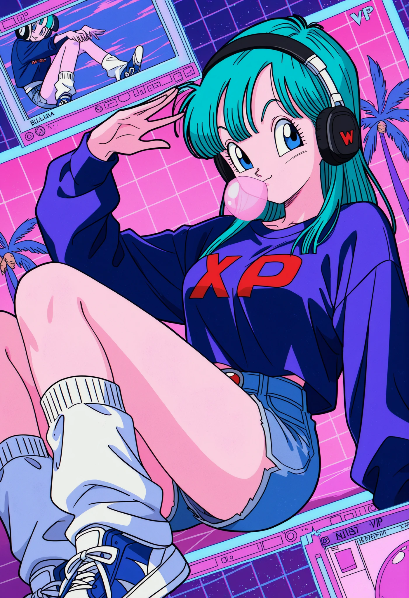 masterpiece, best quality, amazing quality, Collage-Style, bulma, happy, collage, retro, dragon ball, sneakers, bubblegum, vhs tape, static, leg warmers, solo, cool pose, sketchy lines, Static TV Noise, chewing gum, retro walkman, headphones, stylish, sitting, dutch angle, ((vaporwave)), windows xp, grid, perfect anatomy, palm trees,