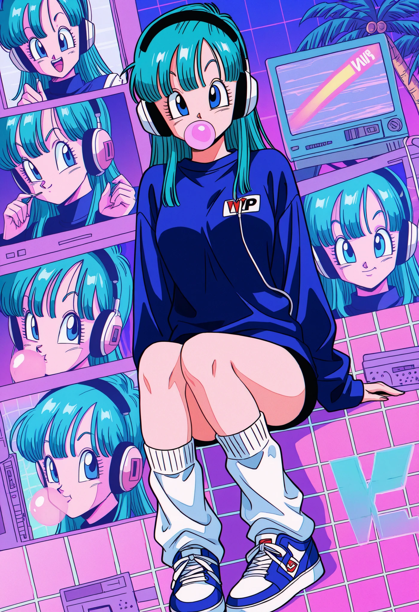 masterpiece, best quality, amazing quality, Collage-Style, bulma, happy, collage, retro, dragon ball, sneakers, bubblegum, vhs tape, static, leg warmers, solo, cool pose, sketchy lines, Static TV Noise, chewing gum, retro walkman, headphones, stylish, sitting, dutch angle, ((vaporwave)), windows xp, grid, perfect anatomy, palm trees,