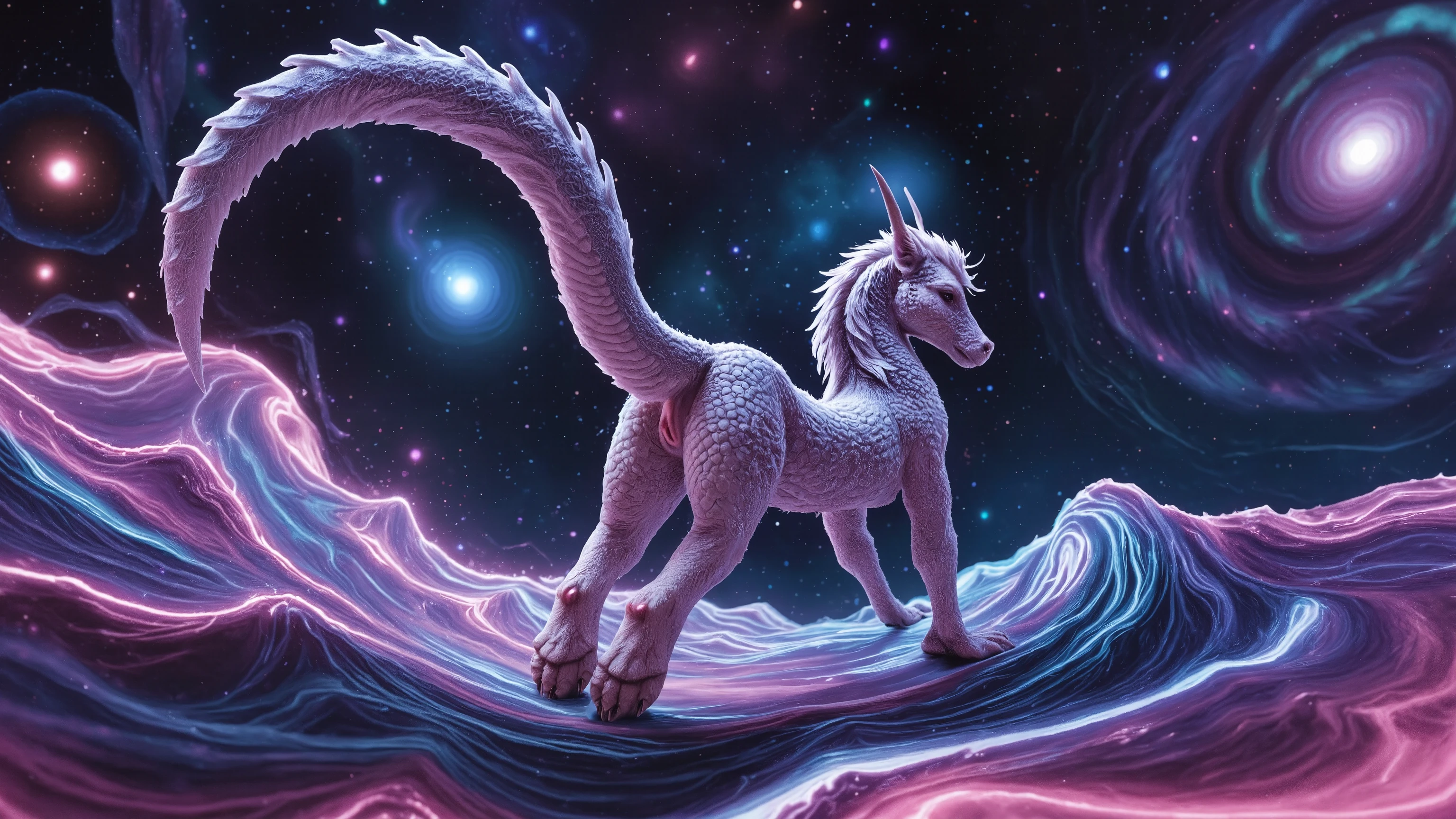 A mesmerizing, high-definition visual masterpiece depicts a seahorse-like entity galloping through the cosmos on a trail of twinkling stars. Against a vibrant backdrop of swirling spiral galaxies and fractal rectangles, this psychedelic space scene bursts with color and energy. The seahorse's path warps space in undulating waves of imagination, as if reality is being reshaped by its very presence. UHD, HDR, 16K resolution captures every intricate detail, making this a true award-winning work of art.