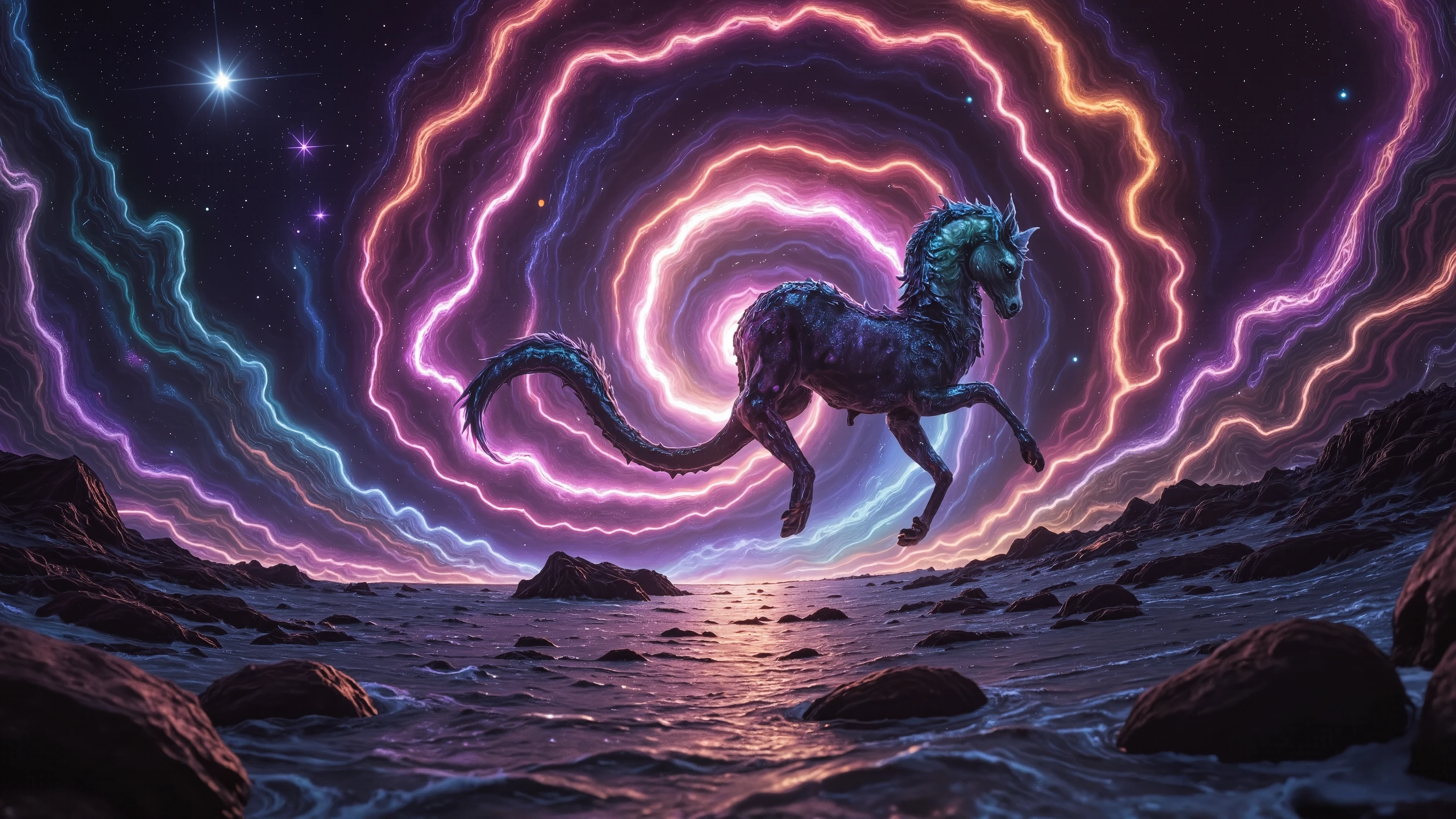 A mesmerizing, high-definition visual masterpiece depicts a seahorse-like entity galloping through the cosmos on a trail of twinkling stars. Against a vibrant backdrop of swirling spiral galaxies and fractal rectangles, this psychedelic space scene bursts with color and energy. The seahorse's path warps space in undulating waves of imagination, as if reality is being reshaped by its very presence. UHD, HDR, 16K resolution captures every intricate detail, making this a true award-winning work of art.