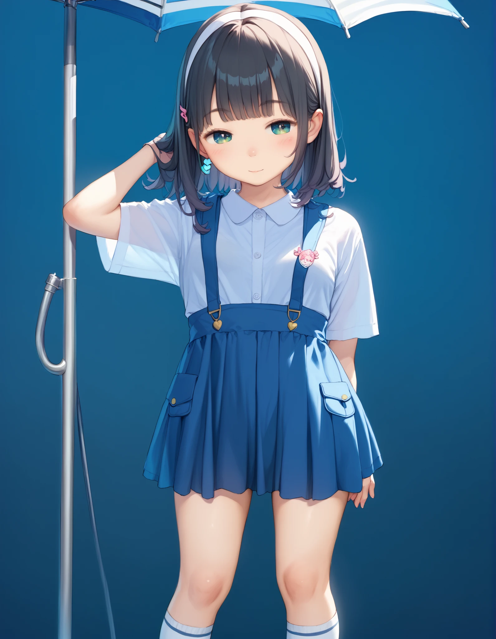 best image quality、 pretty eyes、detailed eyes、cute face、 BABY FACE、 girl、、black hair、 small breasts、knee socks、 uniform、one way hair、Watercolor representation、standing、Use an umbrella