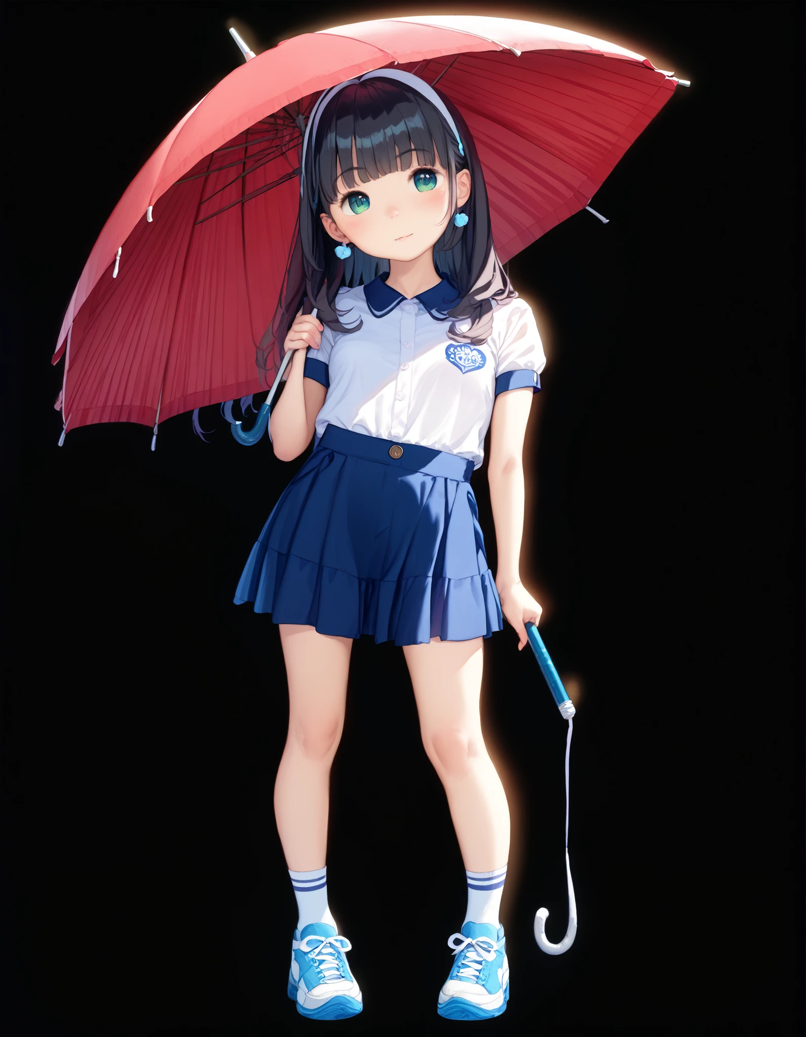 best image quality、 pretty eyes、detailed eyes、cute face、 BABY FACE、 girl、、black hair、 small breasts、knee socks、 uniform、one way hair、Watercolor representation、standing、Use an umbrella