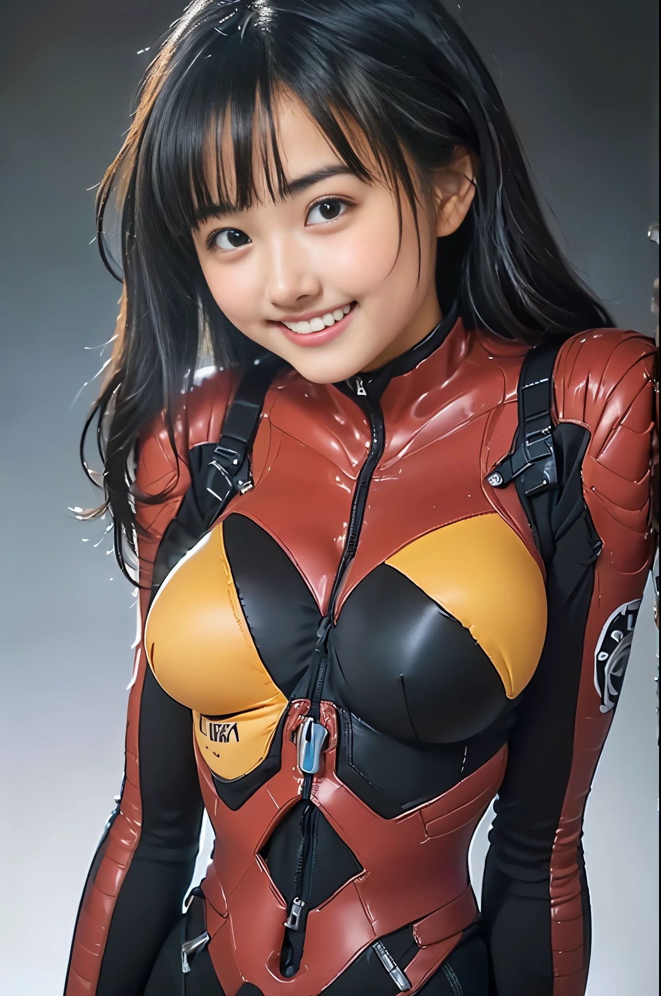 （8k、Raw photography、Highest quality、masterpiece：1.2),(Black Hair、Dark Eyes:1.9),(Plug Suit:1.6)、View your viewers,Front view,White skin,(:1.4)、(Tight waist:1.6)、(Clothes that accentuate the shape of the breasts:1.0)、(Big Breasts :1.3)、Slim figure、Ultra-high resolution,beautiful,beautiful fece,(One person、No background:1.9),whole bodyボディー,Japanese women,（reality的：1.37）、Photon Mapping,reality、(Baby-faced and cute: 1.4)、(Cute Smile: 1.8)、(Round face: 1.8)、Radio City、Physically Based Rendering、Depth of field rally background、photograph, (I can see your knees、Thigh close-up:1.8),（:1.6）,whole body、Great quality