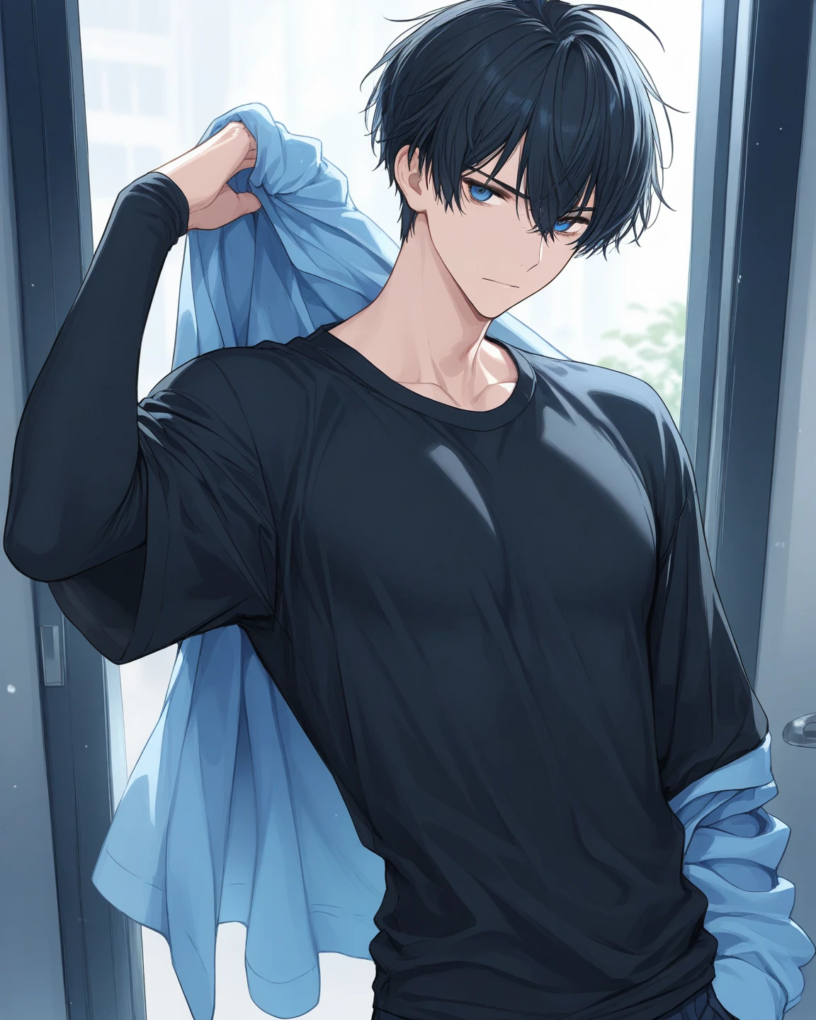 ((A male:1.2)), ((boy:1.2)), first-person view, cold light, blue_eyes, (rain:1.2), hair_between_eyes, jeans, (Zaffre eyes color:1.1), (black hair:1.2), (Large neckline T-shirt:1.2), looking_at_viewer, male_focus, short_hair, (countless commercial streets decorated with neon lights:1.2), ((man's body:1.2))styled with a captivating hairdo, accentuated with bangs and hair between eyes, highlighting his distinctive and stylish black and short hair, This dynamic composition expertly showcases his strong male focus, with an emphasis on his man's body, in a manner that captivates and intrigues viewers