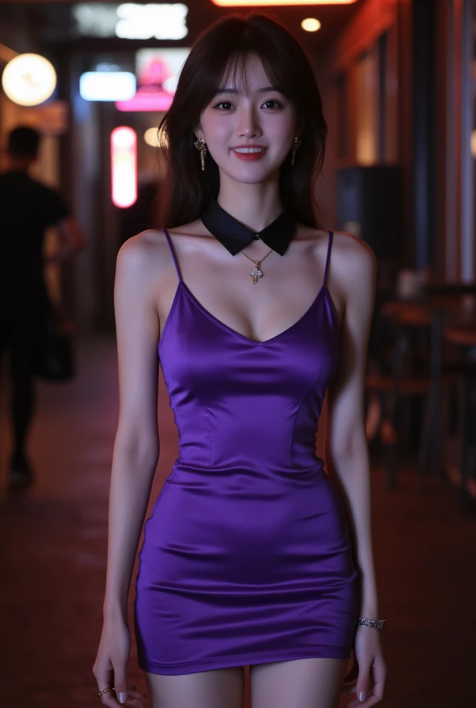 8k, masterpiece, RAW photo, best quality, photorealistic, extremely detailed CG unity 8k wallpaper, Depth of field, Cinematic Light, Lens Flare, Ray tracing, (extremely beautiful face, beautiful lips, beautiful eyes), intricate detail face, ((ultra detailed skin)) 1girl, in the dark, deep shadow, pretty korean girl, kpop idol, 1 girl, (very slim slender fit-muscled body:1.3), ((looking at viewer)),(big smile:1.3), (tight midi dress), (sleeveless) , (fashion city night, dark night, (neon sign), (blurred background), fashion street night),(without people in the background:1.3), beautiful earrings, bracelets, necklace, pantyhose, clear eyes, walking , front shot, (pale skin), (big eyes), face forward, (full body shot), ((silk purple, black color dress:1.3)),(brown hairs), (laced panty), (see through), (looking at viewer:1.3) open breast, very slim, long legs, medium breasts, hermes bag