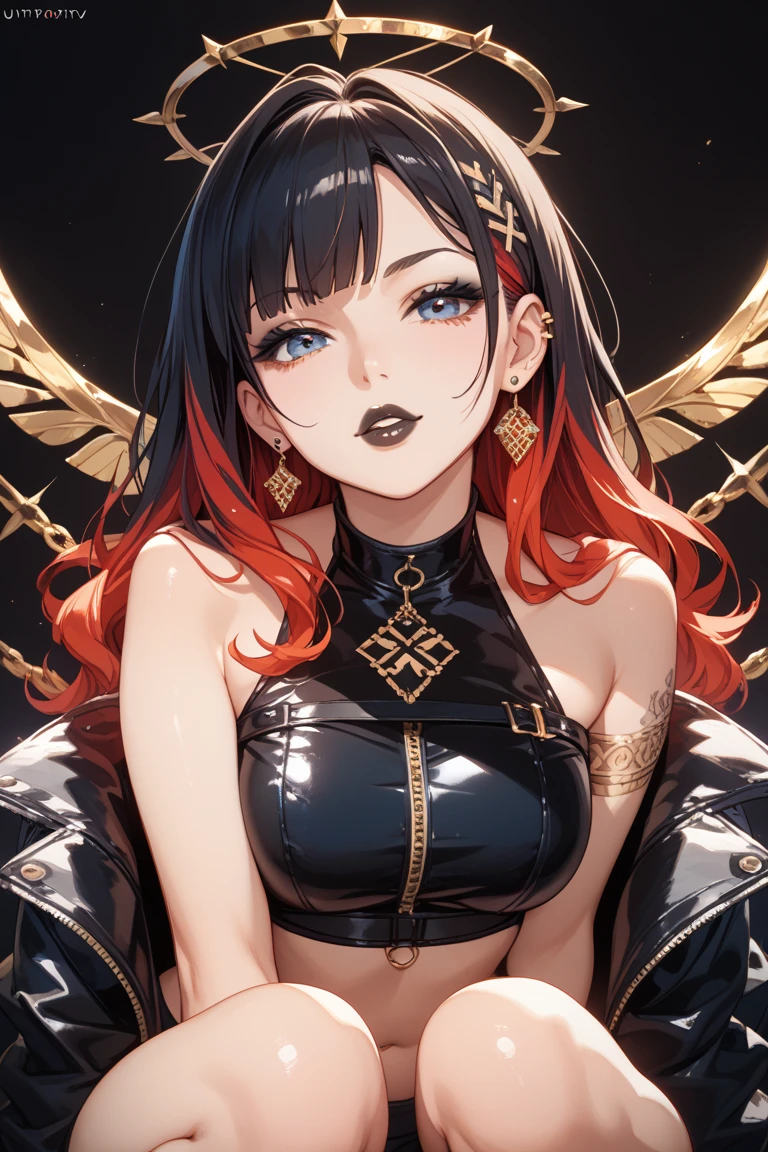 Demon Queen, masterpiece, best quality, super detailed, illustration, super detailed face, best face, evil, 10 years old, young girl, 1girl, male, bare shoulders, chest tattoo, lower abdomen tattoo, human killer, black leather coat, chest bandage, upper arm strap, white gold necklace, tear mole, no human, long black hair, skull earrings, leather belt, cape, intricate detailing