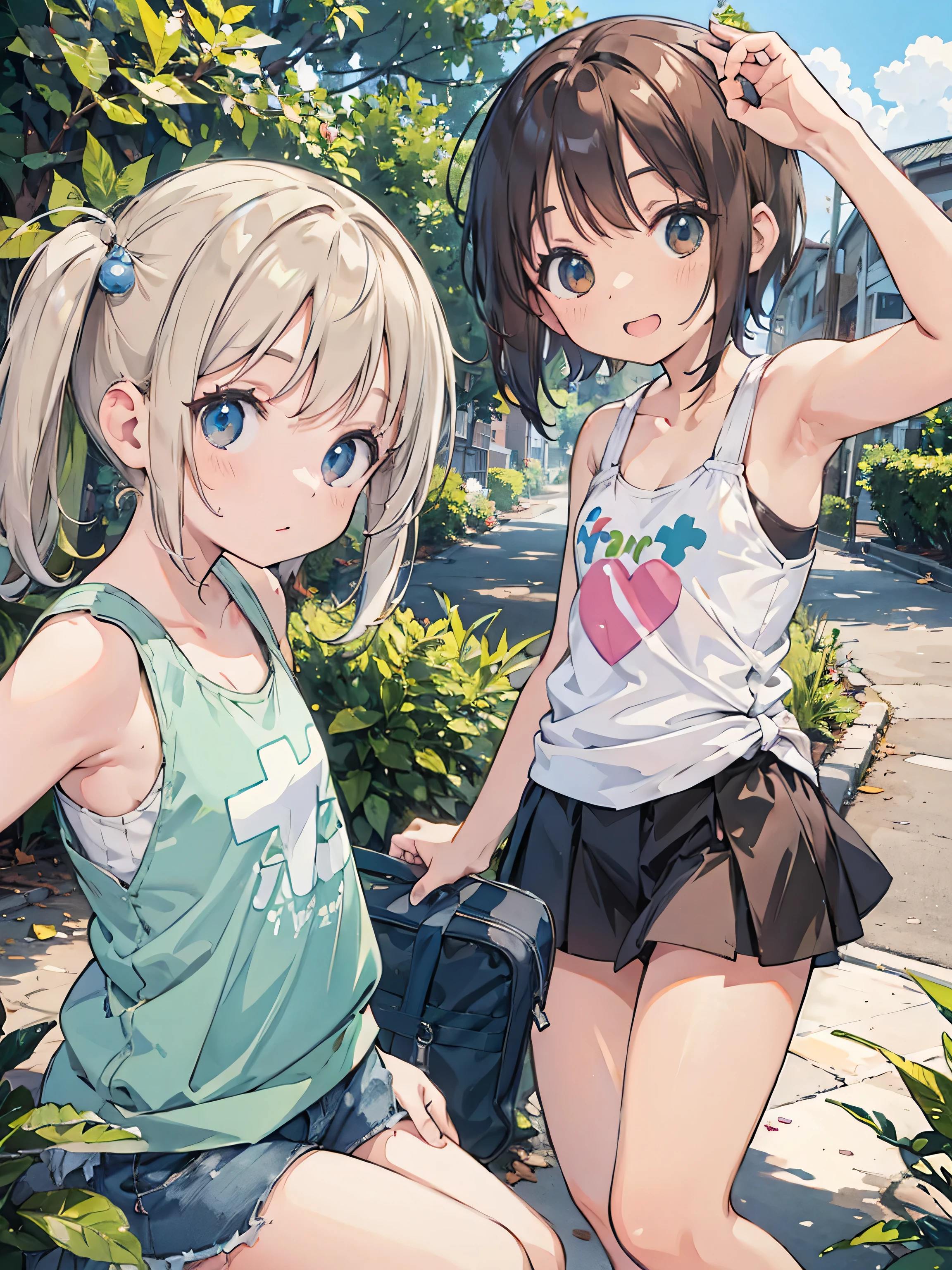 Age 25、HD, masterpiece, ((tank top t-shirt)), (pastel west cross ), red cheeks, best quality, smile, ( Medically Accurate ),((classmates)), staring at the camera,show your teeth and laugh, country road