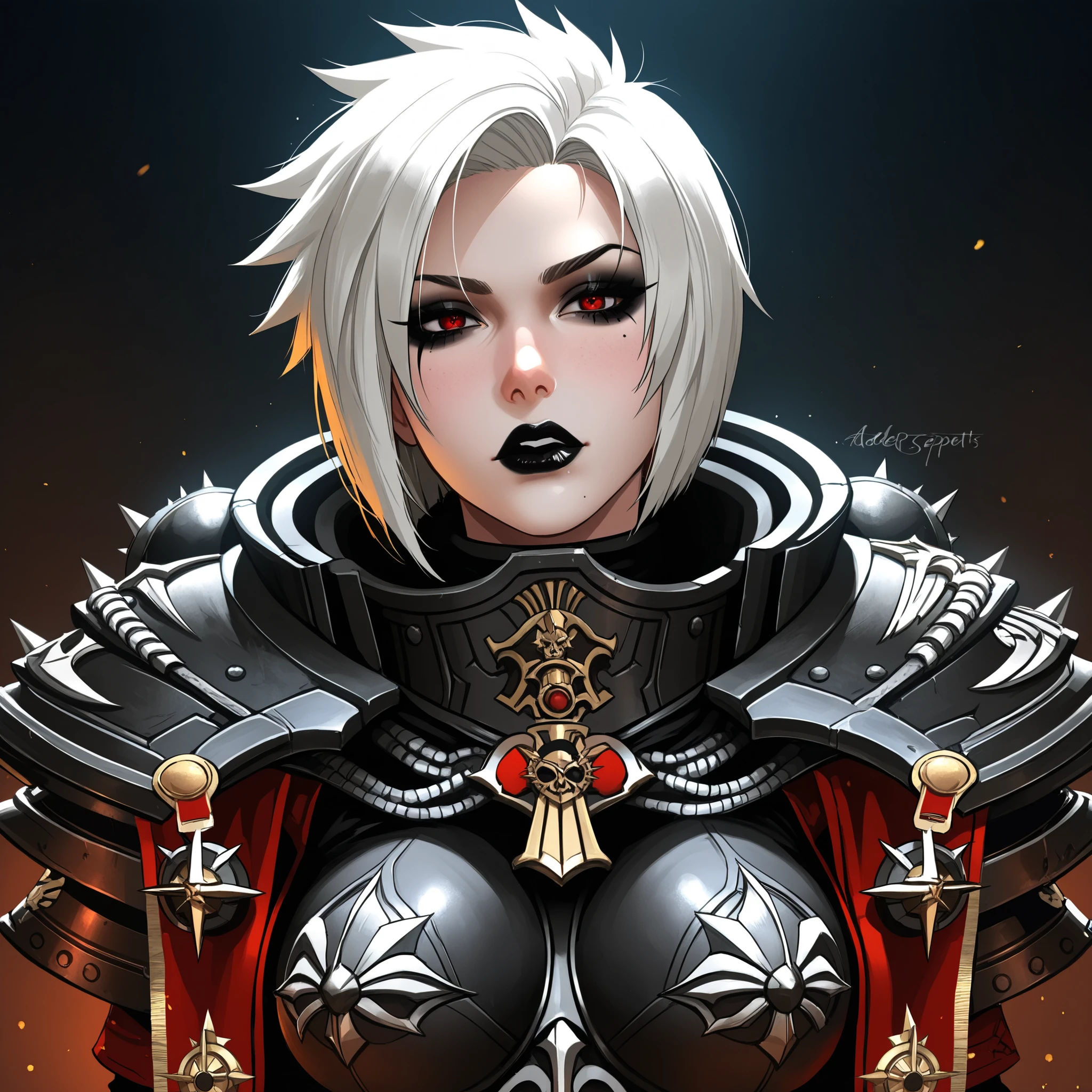 Adepta Sororitas with short white spikey hair, black lipstick and black eyeliner, goth look (Spiked hair)