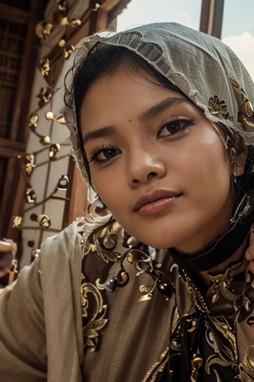 Craft a photorealistic scene of a Malay girl in hijab as an intrepid explorer in a steampunk world. Showcase intricate gears, Victorian-inspired fashion, and a sense of adventure in this alternate reality, 8mm lens, Extreme close-up, pastel color grading, depth of field cinematography effect, film noir genre, 8k resolution, high quality, ultra detail,