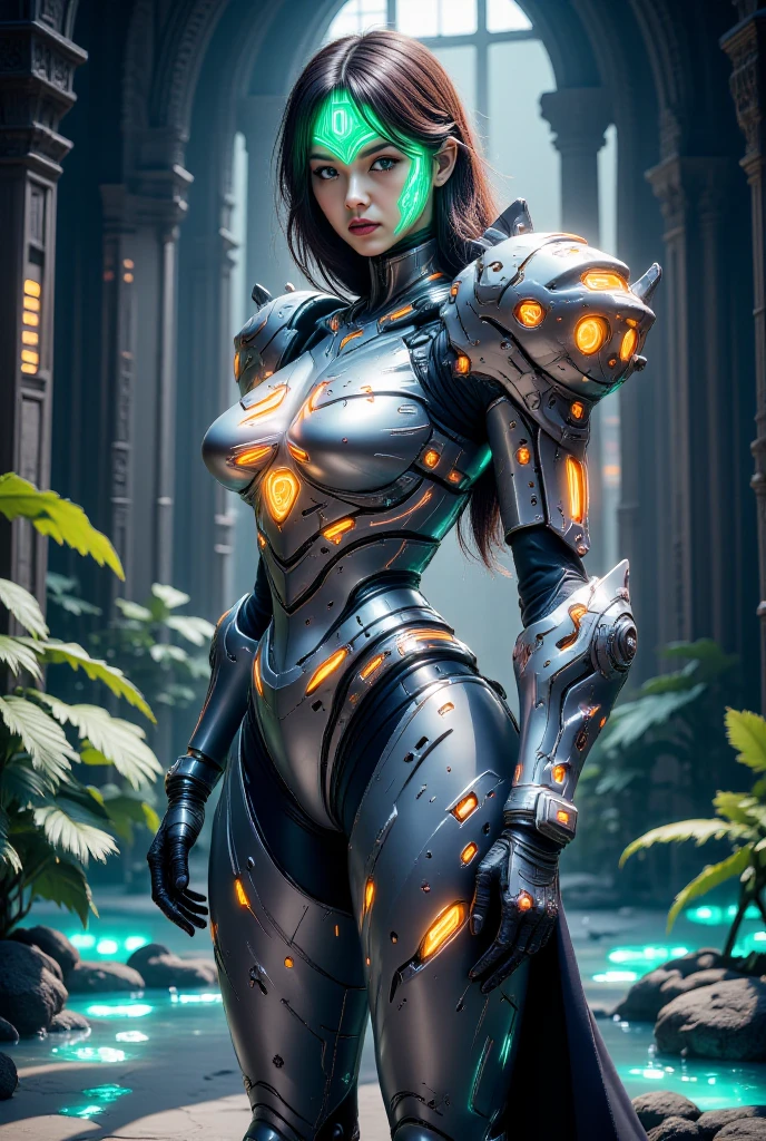 (1 Mechanical Girl)、top-quality、​masterpiece、超A high resolution、, ((Very detailed eyes and face)))), (((Very detailed face)))), beautiful detailed eyes, detailed face, (Photorealsitic:1.4)、Raw photo、1人、、glowy skin、(((1 Mechanical Girl)))、With a beautiful knife、（Green Metal Bodysuit）、,（Fight fiercely against aliens）、Fight fiercely、(beautiful forest background)、(Small LED)、((super realistic details))、portlate、,globalillumination、Shadow、octan render、8K、ultrasharp、Colossal 、Raw skin is exposed in cleavage、metals、Details of complex ornaments、Japan details、highly intricate detail、Realistic light、(Mystical expression),CGSoation Trends、Blue eyes、radiant eyes、Facing the camera、neon detailechanical limbs)、(blood vessels connected to tubeechanical vertebrae attached to the back、mechanical cervical attaching to neck、(Wires and cables connecting to the head)、Gundam、Small LED、,Mechanical thighs、Toostock、（Hands are also made of machines）、（Attack of the Monster Beasts）、（Wounded in a deadly battle）、 (Thick thighs:1.3) , (PAWG body:1.3)