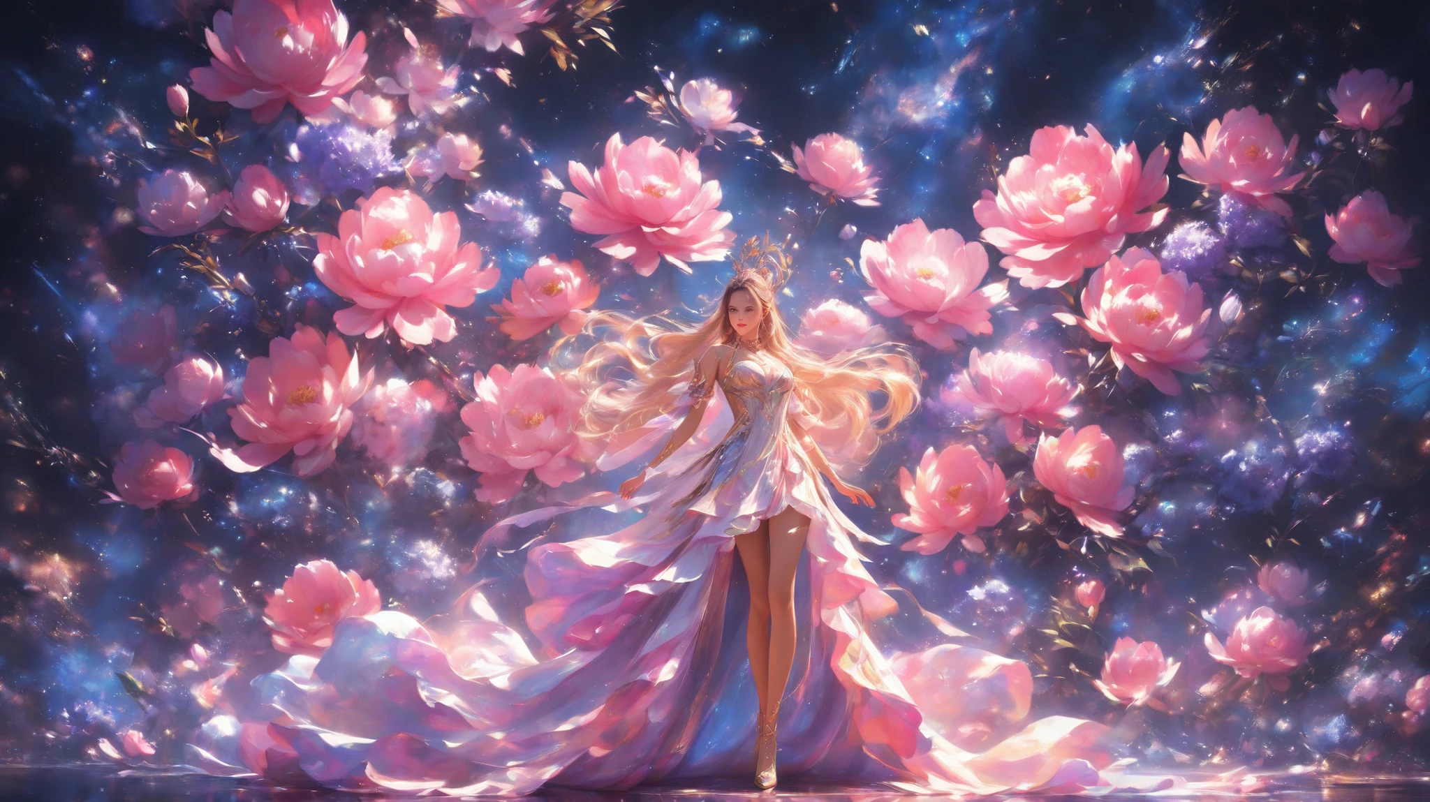 An ethereal feminine figure surrounded by bright and delicate peonies. The background is abstract, with soft shades of blue and lilac that blend perfectly, creating a fantasy atmosphere . The golden light illuminates the fluid dress of the figure, reflecting a magical glow . The surrounding peonies have minute details, with realistic textures and vibrant colors. The style is a mix of digital painting and artistic fantasy, with layers that create depth and a dreamlike effect.