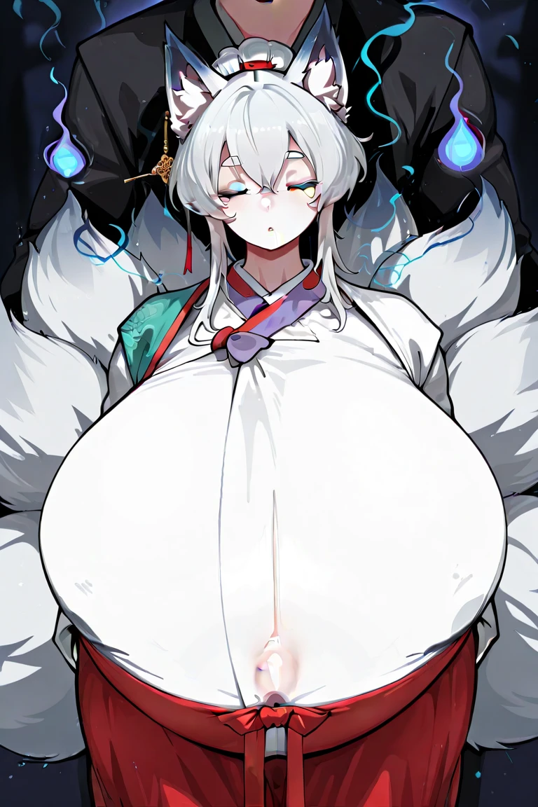 Masterpiece, Best Quality, ultra HD, 4k, Simple, detailed anatomy, ((Bimbo)), Extremely Voluptuous, ((Thicc)), curvy, (Shiny skin), White Fur, (Gigantic Breasts:1.6), (fully rounded shaped Fox Face), black nose, ((Kitsune)), Anthropomorphic, plumpness, very tall, fox ears, multiple tails, ((solo)) , (stunningly beautiful), extremely busty, smile, ((only wearing sexy fundoshi)), ((only red fundoshi)), ((gigantic breasts)), full body picture, sexy plantigrade legs, humanoid feet, (very huge pink nipples), ((fully topless)), ((Extremely Massive breasts)), (Plump and fat belly), ((Long Fox snout)), ((furry)), slim legs, slim arms, very plump, (bare breasts), ((nsfw)), ((always fully topless)), blushing, big feet, ((Rokushaku Fundoshi only)), ((Massive Ass)), slim thighs, adorable chubby face, cute hairstyle, plump belly, ((High Cut Fundoshi)), ((Hyper Breasts)), ((Breast Inflation)), ((taking off robe)), blue nails, ((long white hair)), ((Japanese hair accessories)), hyper penis bulge, ((Futa)), white pubic hair, anthropomorphic fox,