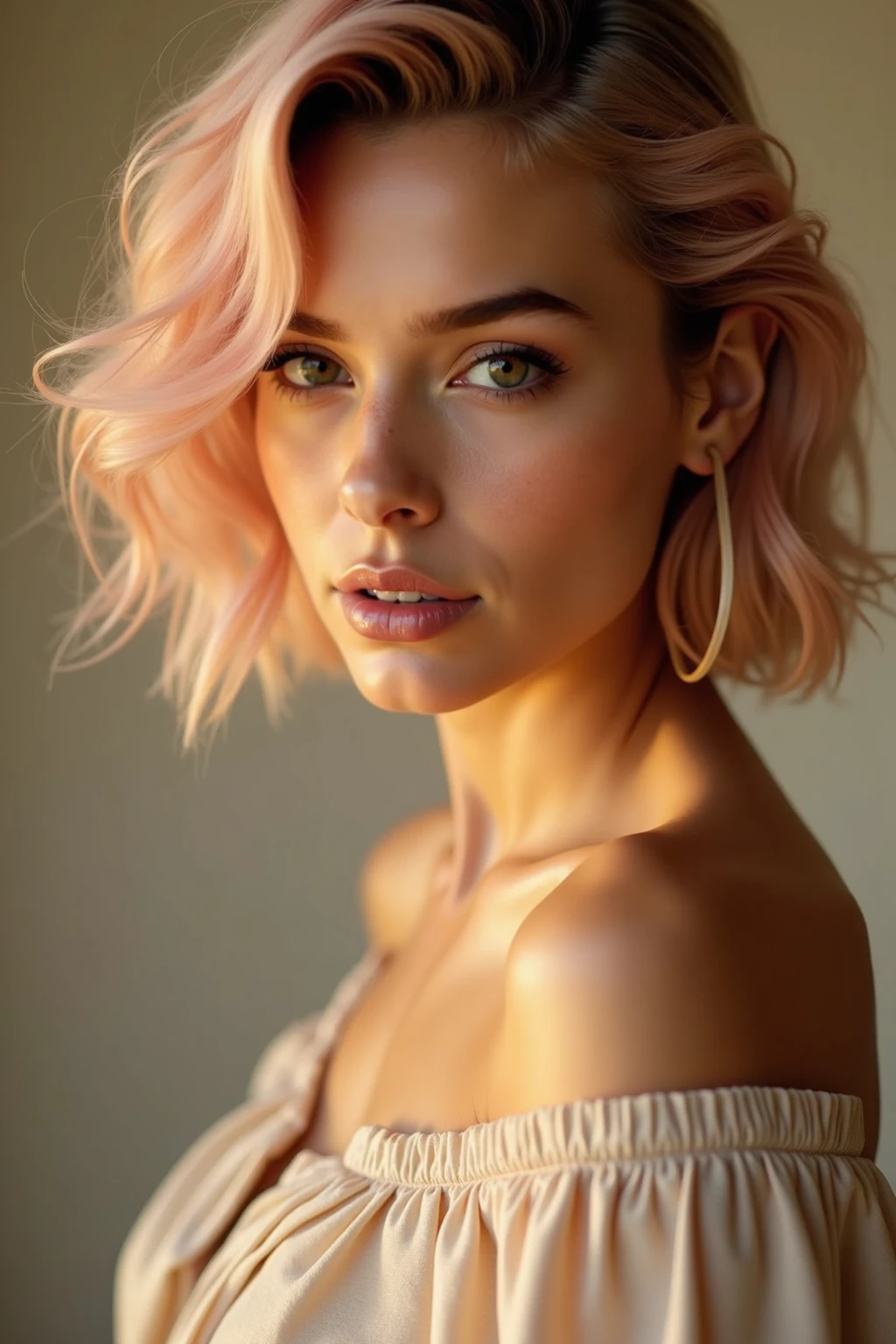 Italian woman traits, short shoulder-length hair, wavy and honey color, honey-colored eyes, flushed skin and blush. Stylish business attire, Well-groomed eyebrows and an air of elegance