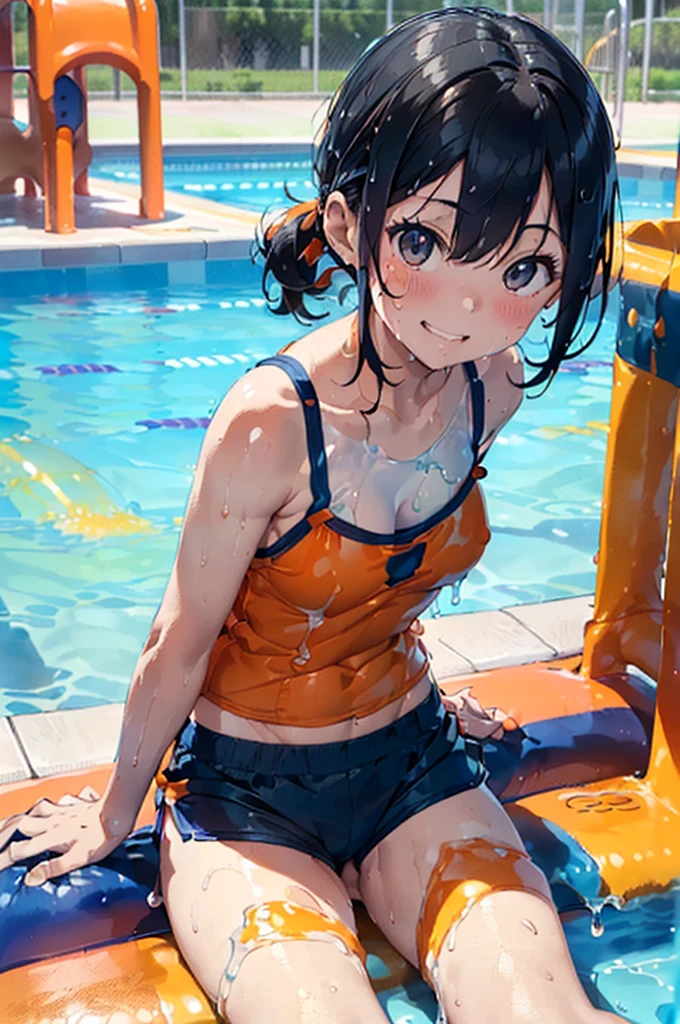 masterpiece,highest quality,real,(((all fours pose))),swimsuit(Super soaked,(navy blue mini skirt,(Orange camisole))),((Slimy lotion indoor pool)),((((((ぬるぬるローションでSuper soaked)))))),