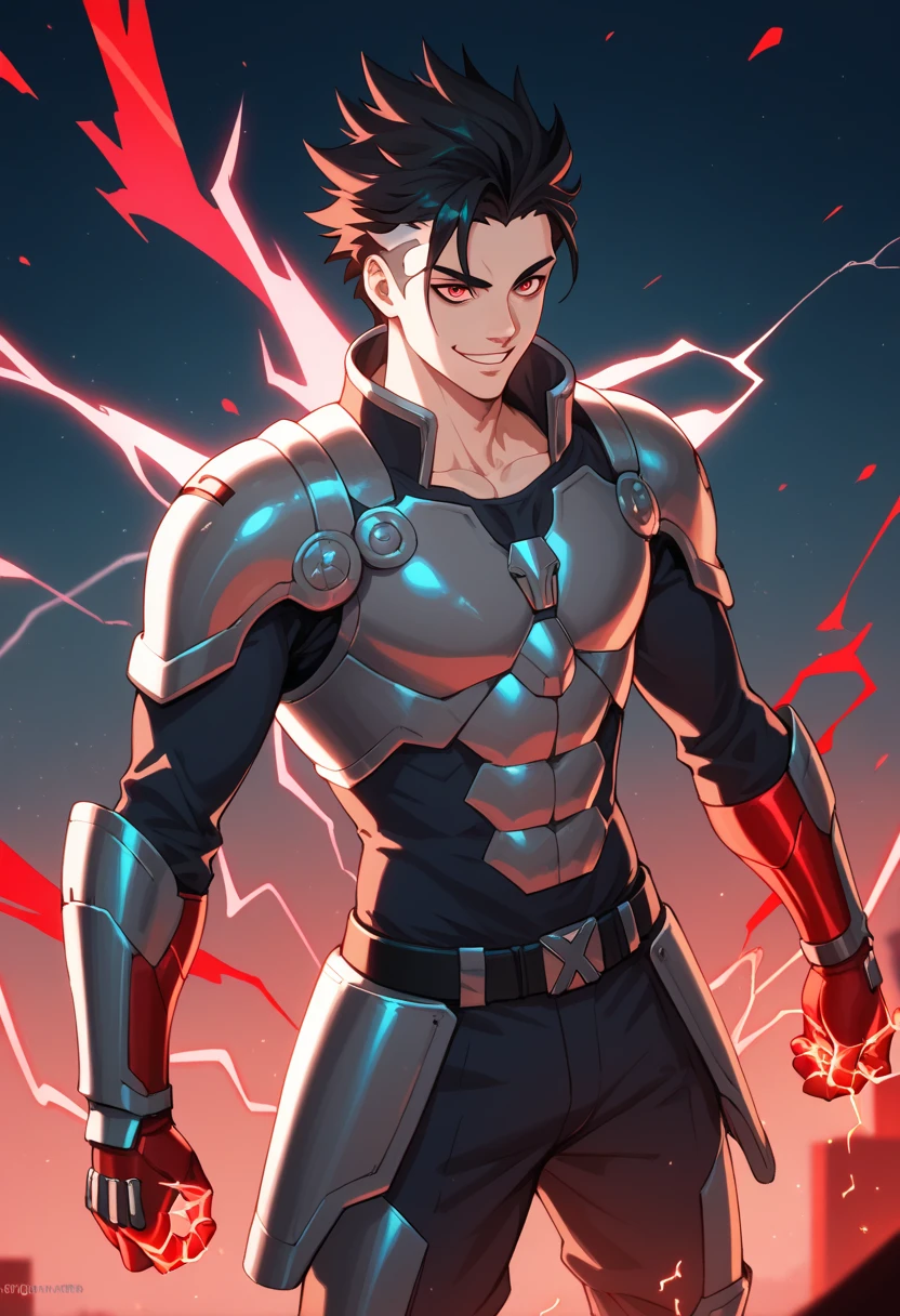 black hair, white skin, spiky hair, strong physique, bright red eyes, black and red energy, black and red electricity, man, anime style, electricity in hands, smiling, cyberpunk background, night, fantastic lighting, focus on character, solo, technological armor, iron armor, red energy, Tristan Liones