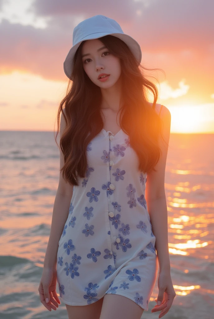 A girl standing in shallow sunset, wearing a straw hat and swimsuit with a dress or shorts. She is surrounded by flowers and starfish. The scene is a masterpiece with the best quality, capturing the beauty of the sunset. The colors are vibrant and the lighting is focused on the girl, creating a captivating cowboy shot. The image is ultra-detailed and realistic, with professional studio lighting to enhance the overall quality. The artwork is inspired by the concept of a shallow sunset, highlighting the warm and soft tones. The girl's face and features are extremely detailed, with beautiful eyes, lips, and long eyelashes. The combination of the girl's pose, clothing, and surroundings sets a dreamy and serene atmosphere, making it a visually stunning composition.