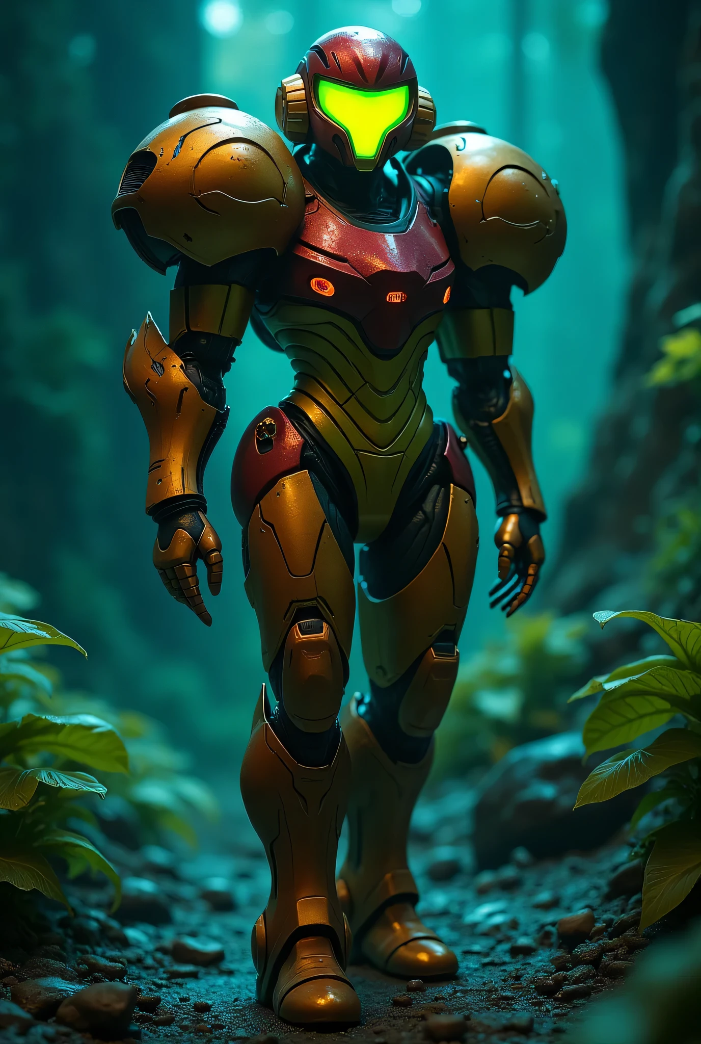 A hyper-realistic portrait of Samus Aran in her Power Suit, standing in a dark, alien environment with glowing bioluminescent plants and mist swirling around her feet. The metallic armor is battle-worn with scratches and scorch marks, reflecting soft ambient lights. Her helmet visor glows bright green, partially illuminating her face from within. Dramatic lighting from above highlights the contours of her suit. Ultra-detailed, photorealistic, cinematic style, 8K resolution.
