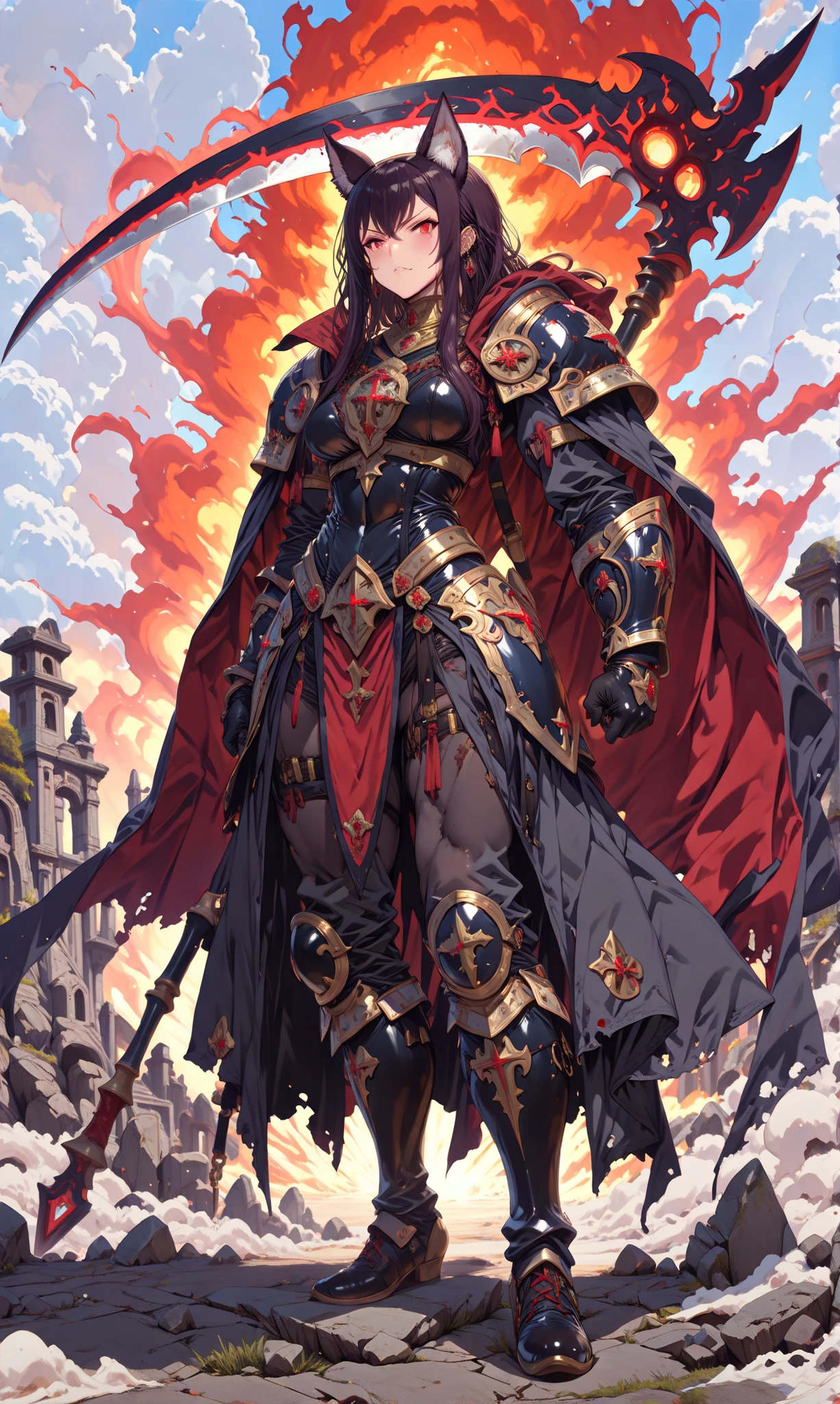 (((Masterpiece))), (((Ultra high quality))), (((16K))), ((Full body shot))
Create a hyper-realistic digital painting of a fearsome wolf warrior. This anthropomorphic warrior combines both ferocious wolf and humanoid traits, with piercing red eyes and sharp wolf ears. His muscular build is accentuated by intricately designed, dark, battle-worn armor. The warrior wields a massive, ornate scythe that radiates a subtle yet sinister glow, hinting at dark, mystical power. Surrounding his figure is a vivid, dynamic red aura that intensifies his supernatural presence. The background features a desolate, ancient battlefield shrouded in swirling mists and fragmented ruins, enhancing the overall ominous and epic atmosphere of the scene.