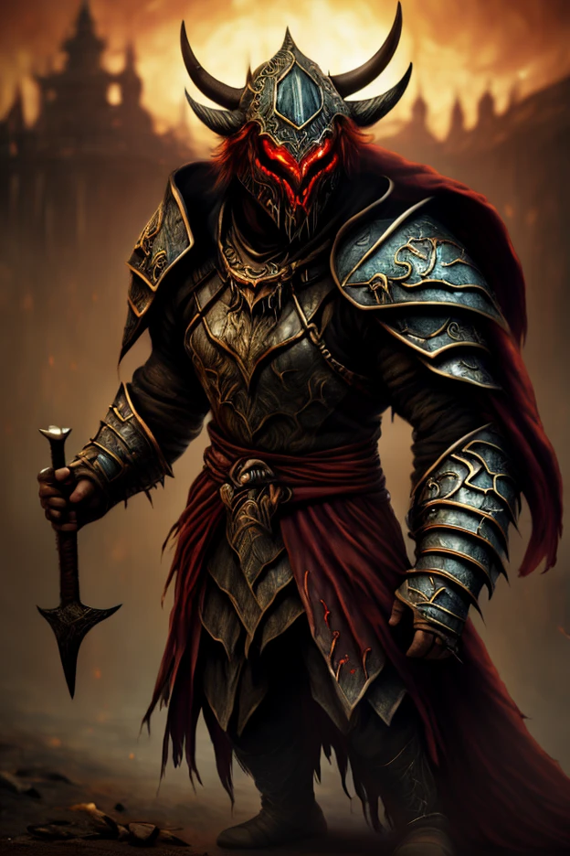 A menacing minotaur demon with crimson fur and glowing molten eyes, wearing broken gladiator armor fused with ancient curses. He prowls through the bloodstained sands of a ruined arena under a twilight sky, surrounded by ghostly spectators eternally trapped in the stands. His massive horned helmet is cracked, revealing dark veins pulsing with infernal energy.  

Around his belt hang tattered banners of fallen champions, and his great axe drips with cursed black ichor. The air is thick with ash and sorrow, the scene bathed in deep red and burnt orange tones. The cursed arena is alive with spirits whispering, watching his every move.  

**Style:** Esao Andrews, dark fantasy, painterly surrealism  
**Color Tone:** Crimson, burnt orange, black  
