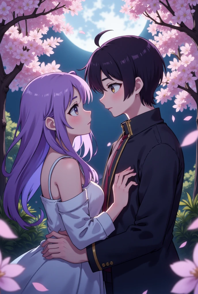 1boy, purple hair, pretty face, flower, hakama, try to hide the sadness, 1boy, white hair, try to cuddle