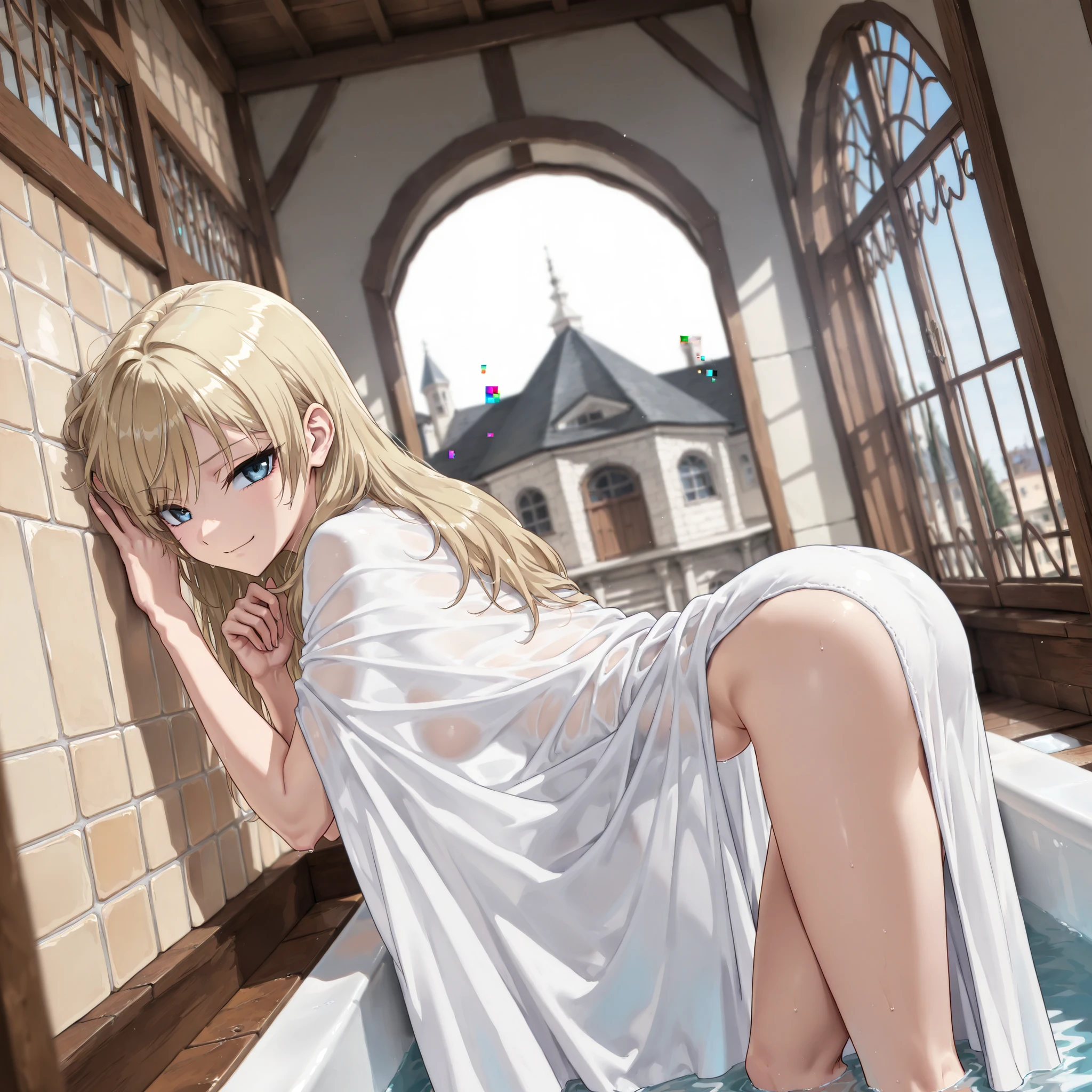 masterpiece, best quality, amazing quality, very aesthetic, high resolution, ultra-detailed, absurdres, (hands:-0.22),
1girl, woman, solo,(looking at viewer, three quarter angle, side shot, medium shot:1.19), blonde_hair, long hair, blue_eyes, (tenka izumo, naon yuno:0.62), back against a wall, bath house, roman bath house, posing, modelshoot, modelling, flowy cape, cape draped over her silhouette, roman architecture, soft smirk, tsurime, novuschroma79 style, glitch art photo
BREAK, depth of field, volumetric lighting