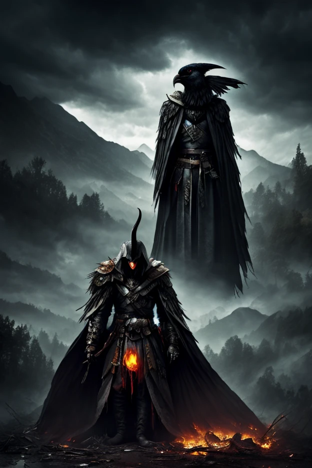 A terrifying raven-headed demon with long obsidian feathers, wearing a baroque military uniform stitched together from the uniforms of conquered armies. His skeletal hand clutches a broken saber dripping with black mist, and he walks among mountains of rusted weapons and faceless corpses.  

A phantom war rages in the background — silent, slow-motion, like echoes from another realm. Dark storm clouds churn above, and fragments of forgotten war songs linger in the air like ghosts.  

**Style:** Esao Andrews, horror elegance, dark historic fantasy  
**Color Tone:** Charcoal black, faded silver, blood maroon  
