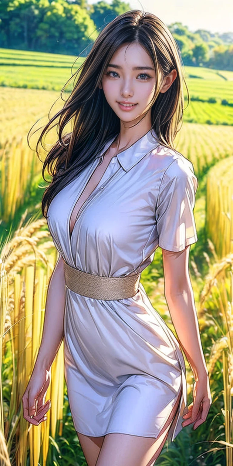 ((masterpiece, Best quality, a high resolution, ultra detailed),(beautiful and aesthetically pleasing:1.2), 1 woman, adult, perfect body, Wavy dark hair, green eyes, high short ponytail, Beautiful, Detailed eyes and face, long oversized shirt, Converse sneakers, golden hour, Field of Flowers, complex parts