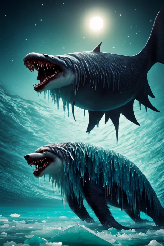 A hulking wolf-shark hybrid demon with deep blue abyssal skin and translucent icy fins, covered in armor made from whale bones and frozen kelp. He howls into a silent snowstorm atop a ghost ship frozen in glacial ice, searching for ships to drag into the abyss.  

Icicles dangle from his jagged armor, and strange barnacle-like runes pulse on his chest. Beneath the ice, glowing ghost-fish circle in spirals. The moonlight casts a cold, eerie sheen over the frozen sea.  

**Style:** Esao Andrews, nautical horror, surreal seascape  
**Color Tone:** Ice blue, sea green, pale white  
