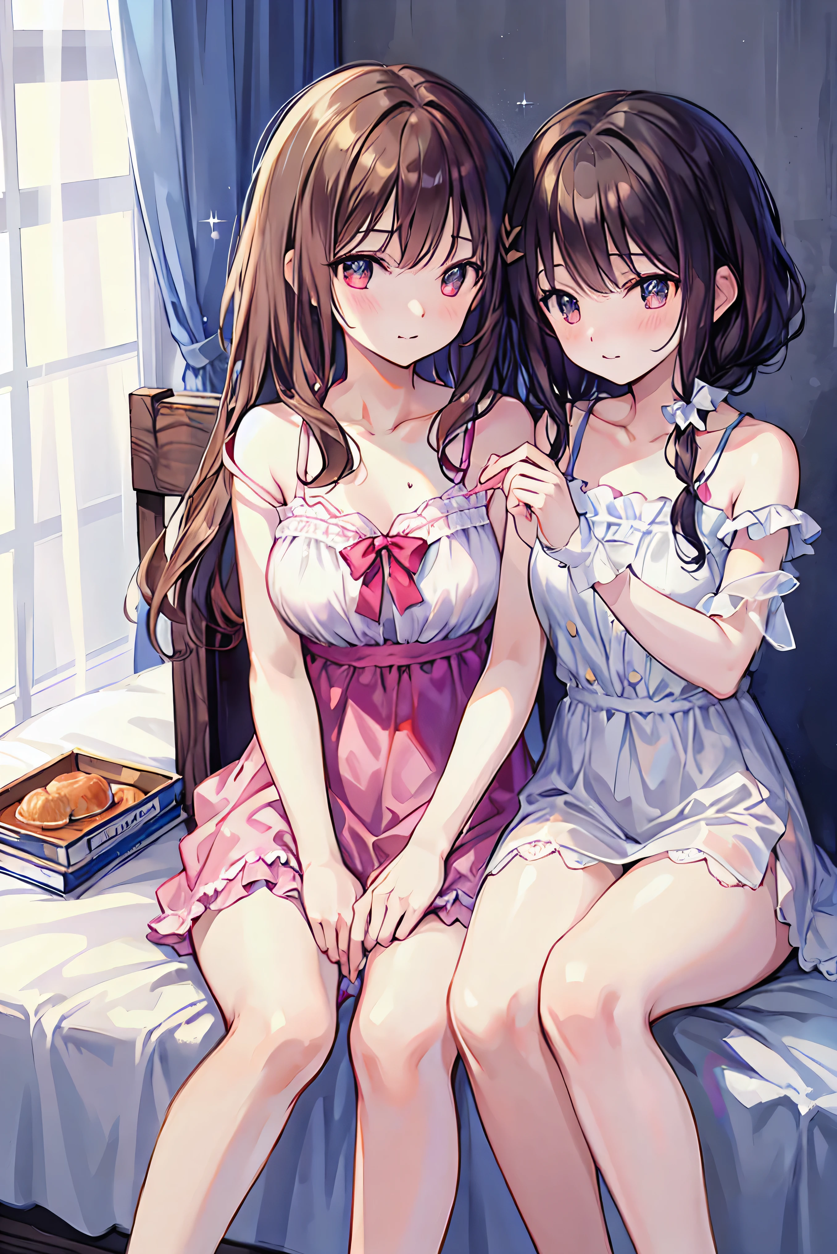 2 girls、chestnut-colored hair、fluffy and soft hair、Blue eyes、Gingham Check One Piece、setup、Colossal tits、Lace and ruffles、Retro、knee high socks、Enchanted breasts、Enchanted thighs、Pink lip、Pink Nails、Retro and cute room、heart mark、bow ribbon、Retrocute、a choker、耳Nipple Ring、A bracelet、cleavage of the breast、Bring your breasts together