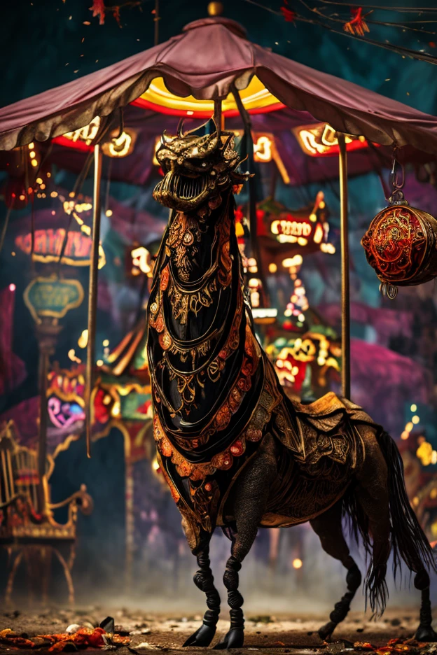 A grotesque mantis-like demon with a cracked porcelain mask, wearing a magician’s costume made of stitched circus flags and tattered velvet. He stands center stage in a derelict carnival tent, performing a ritual trick that warps reality, turning the audience into shadow puppets.  

Behind him, the carnival collapses into dreamlike chaos — floating carousel horses, upside-down tents, and mirrors that scream. The air shimmers with cursed confetti and the faint smell of burnt candy.  

**Style:** Esao Andrews, whimsical horror, decayed fantasy  
**Color Tone:** Violet, faded pink, rust orange  
