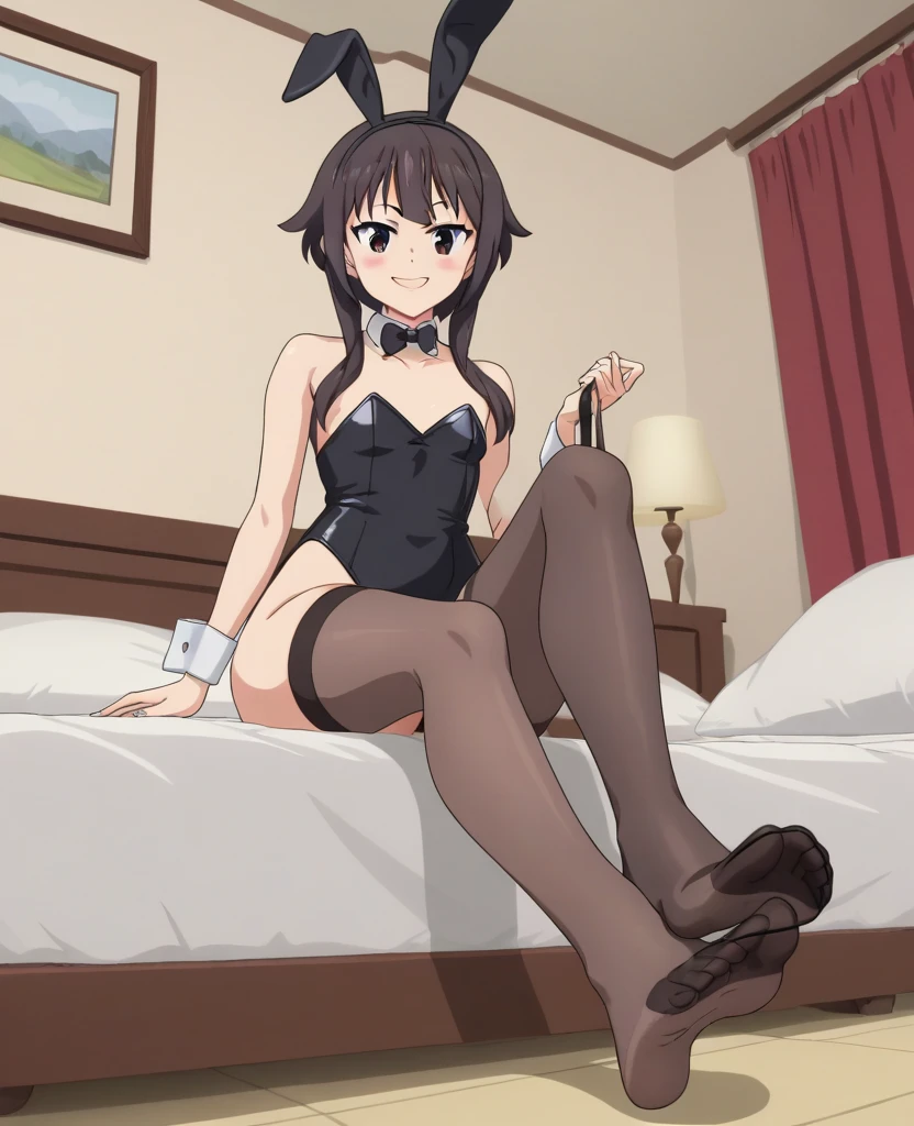 Mai Sakurajima, 1 girl, alone, long hair, black hair, large breasts, medium waist, wide hips, medium thighs, looking at viewer, blue eyes, hair ornament, bow, fake bunny ears, Playboy bunny outfit, sitting on bed, black pantyhose, shoes, hairpin, bow tie, black footwear, high heels, leotard, wristbands, black pantyhose, detached collar, black leotard, perfect anatomy, perfect hands