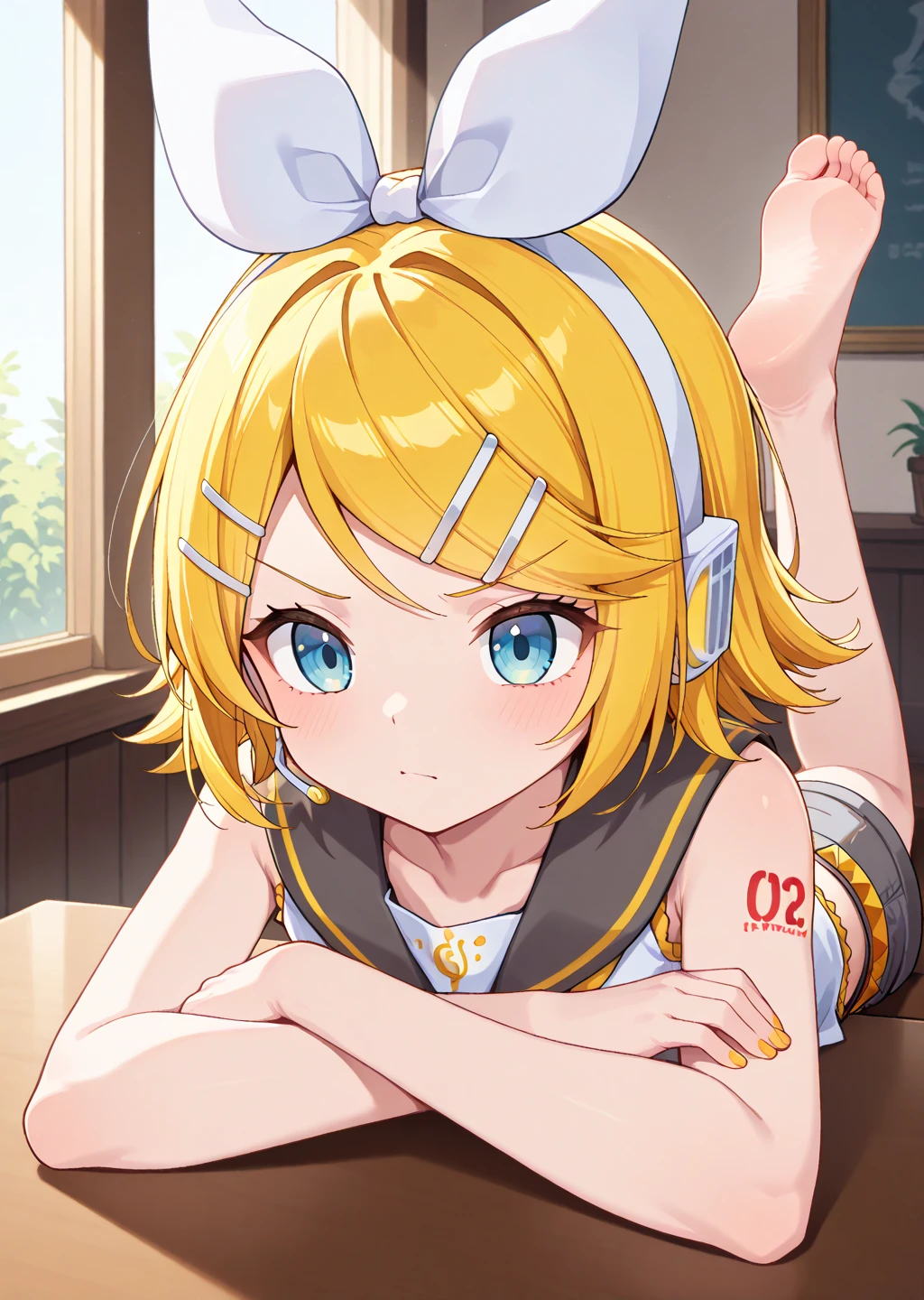 Masterpiece, Top Quality, Illustration, Super Detail, High Resolution, Absurdity, One Girl, (Kagamine_Rin: 1.5), Vocaloid, Very Cute, [Blonde], [Short Hair], Hair Clip, (Beautiful Blue Eyes), Lively Eyes, (Bright Eyes: 1.2), Beautiful Girl, Smiling, [Sailor Suit in White Tone], (Black Shorts: 1.5), Belt, shoulders are cut off, (yellow neckerchief), [White hair clip], [Headphones], Love in background, Heart, Love Love, Light, Delicate hands, Innocence, (Young: 1.3), Little girl, Lori, girlfriend, bedroom, Night, Delicate eyes, Bare legs, [Blue Archive Style], [Beautiful Girl Anime Style]