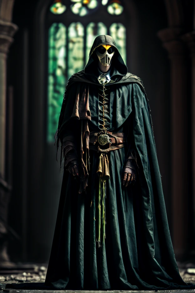 A towering vulture-headed demon with rotting feathers and bones protruding from its chest, draped in the tattered robes of a plague doctor from a forgotten era. He stands solemnly in the middle of a crumbling cathedral, where disease once wiped out an entire cult.  

Crows perch on the broken pews, and ghostly children peek from shattered stained glass windows. Glowing insects buzz around his staff, which leaks a smoke that curls into screaming faces.  

**Style:** Esao Andrews, gothic decay, cursed ecclesiastical horror  
**Color Tone:** Sickly green, plague yellow, aged ivory  
