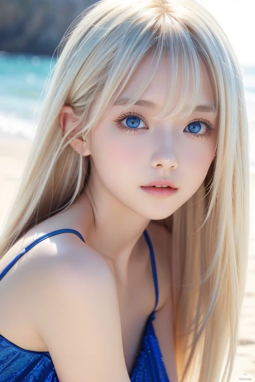 A 14-year-old beautiful girl with shiny bright blonde hair.、cute,crazy about love, face focus , Ruffled Summer Dresses, Nordic bright blonde girl, Super long bright shiny blonde hair、low contrast, (shy smile:0.8), There is a cleavage in the chest, hair scrunchie, best quality, ultra high resolution, realistic photo, Super detailed, 8K, Raw photo, master piece、Very beautiful, bright, pale sky blue, and very large eyes.、very big eyes、White shiny skin、cheek gloss highlight、small face beautiful girl、eyeliner、blonde hair above the eyes、片blonde hair above the eyes、bangs between the eyes、