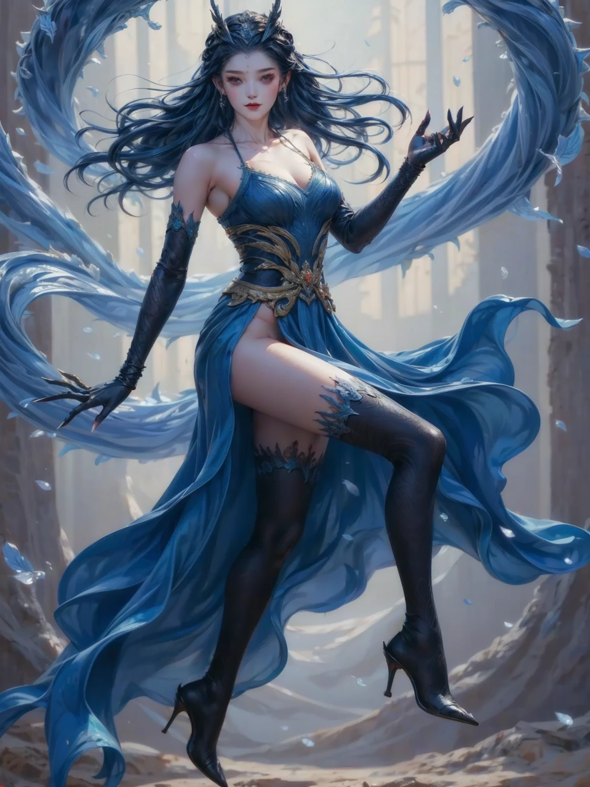 tmasterpiece,Highest image quality,Beautiful bust of the noble dragon girl,Exquisite blue-black hairstyle,Clear golden eyes,Decorated with a series of dragon horns,huge dragon wings,bedazzled、Intricate jewelry,long skirt,cave cave,cave cave,blackstockings,blackstockings,Ultra-detailed details,advanced。At the Pixiv Art Station,Break your own power,Luigi,Big breasts exposing cleavage,R-18G