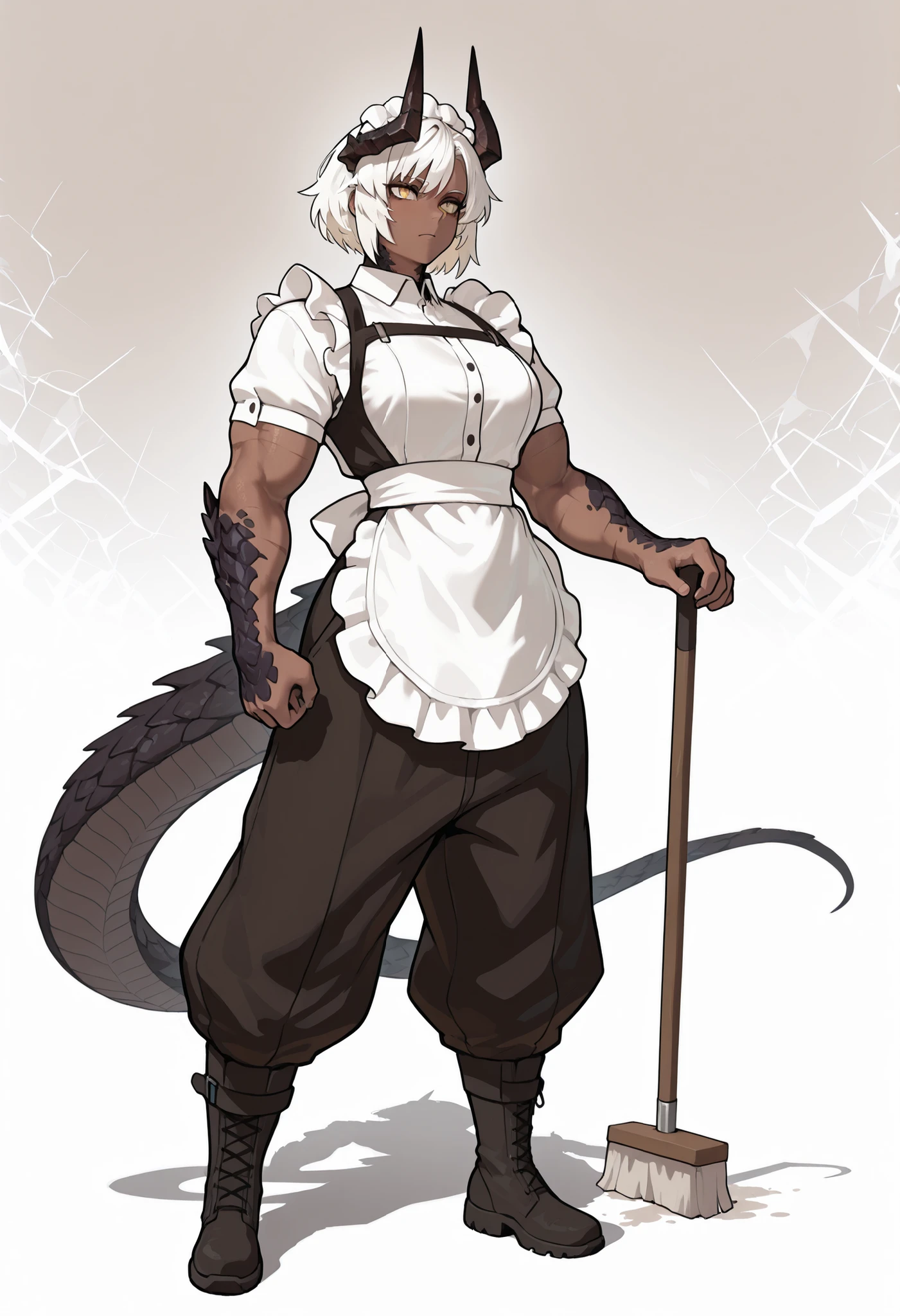 muscular creature, dark horns, yellow eyes, short spiky white hair, short hair, (wearing baggy pants:1.3), dark scales, dark pants, maid jacket, military boots, scales on arms and legs, scales on neck, calm pose, athletic, dark skin tone, BREAK background is simple and muted, with a gradient effect and soft, neutral tones.